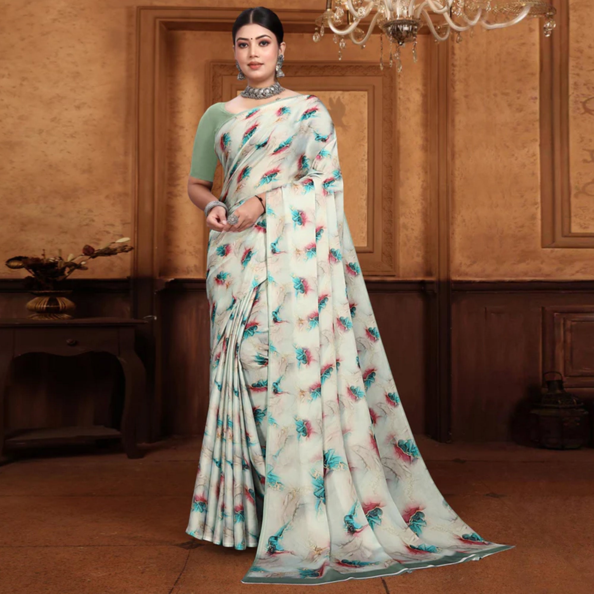 Peachmode Cream Digital Printed Georgette Saree - view 4