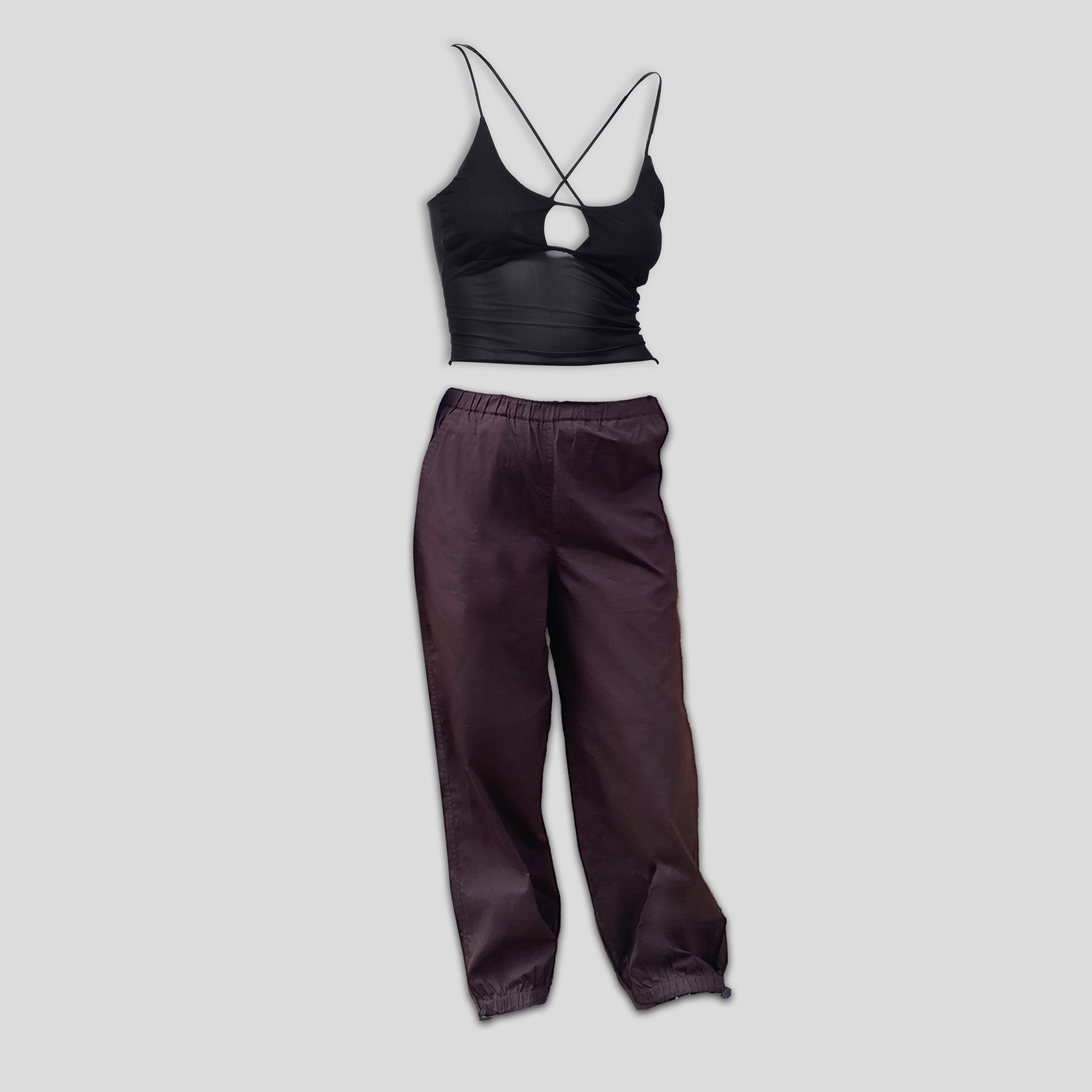 Mesh top brown – I Z F Black Mesh Top & Brown Parachute Pants