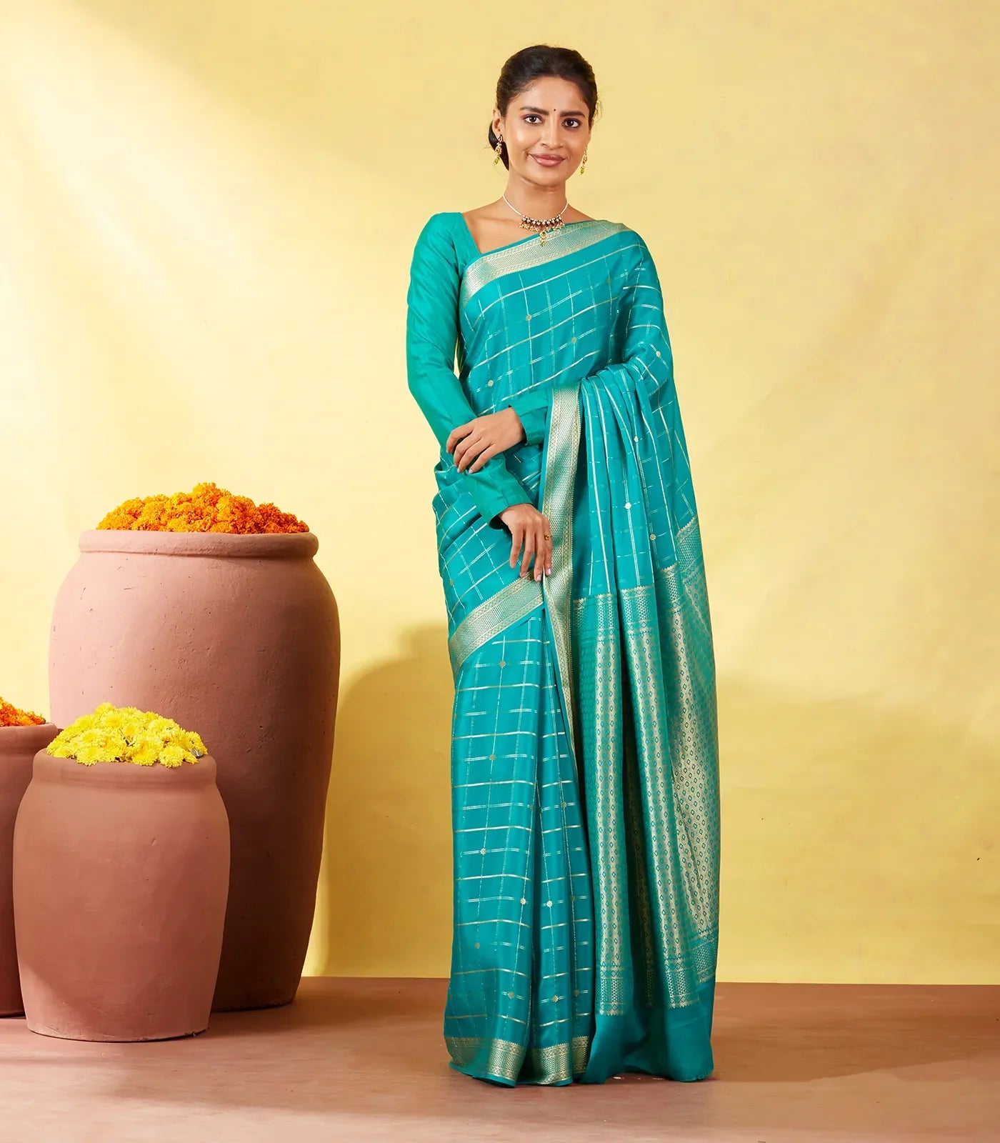 RmKV Cyan Crepe Silk Saree With Zari Checks – Women's
