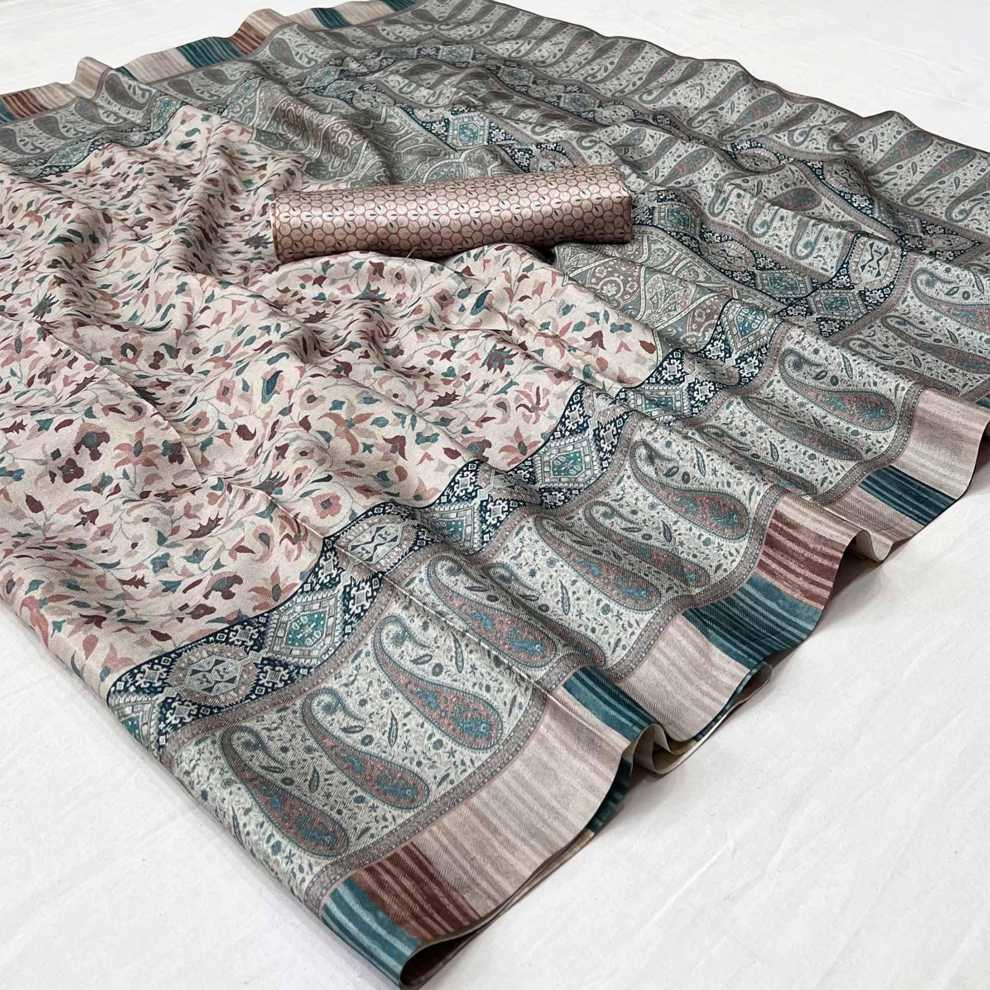 Peachmode Cream Digital Printed Pashmina Saree