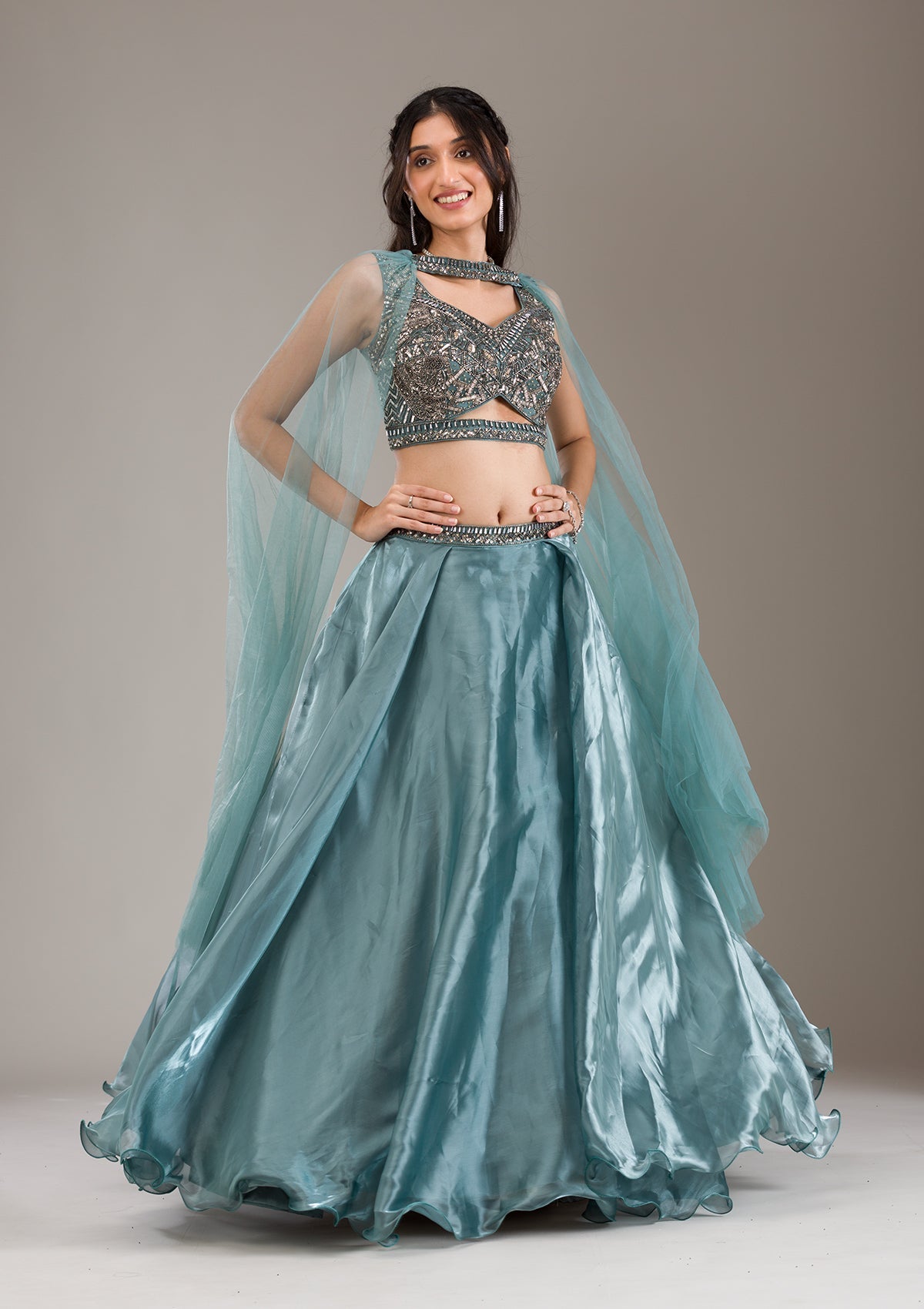 Koskii Sea Green Cutdana Organza Readymade Lehenga