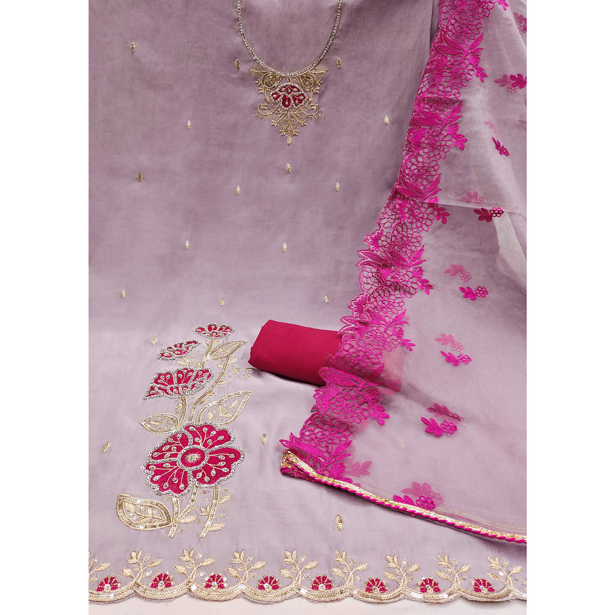 Peachmode Mauve Floral Hand Embroidered Cotton Silk Dress Material - view 4