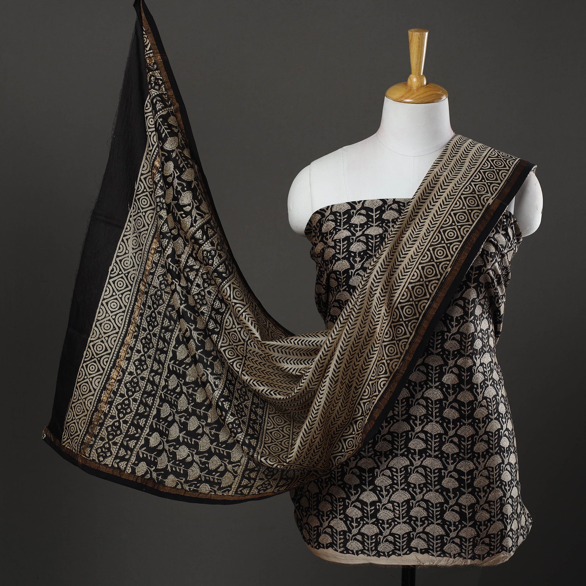 HAVELI CHRONICLES Black - 3pc Bagru Print Chanderi Silk Dress Material 04