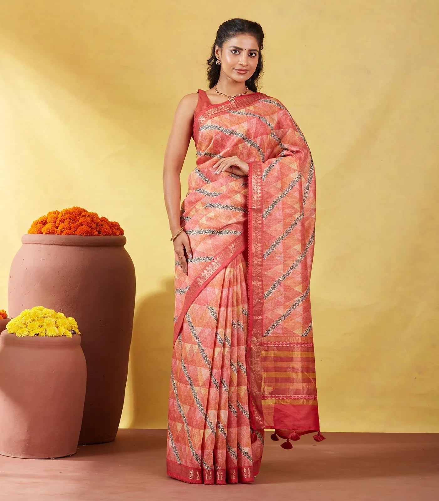 RmKV Dark Peach Handloom Tussar Silk Saree Printed With Geometric & Floral Motifs