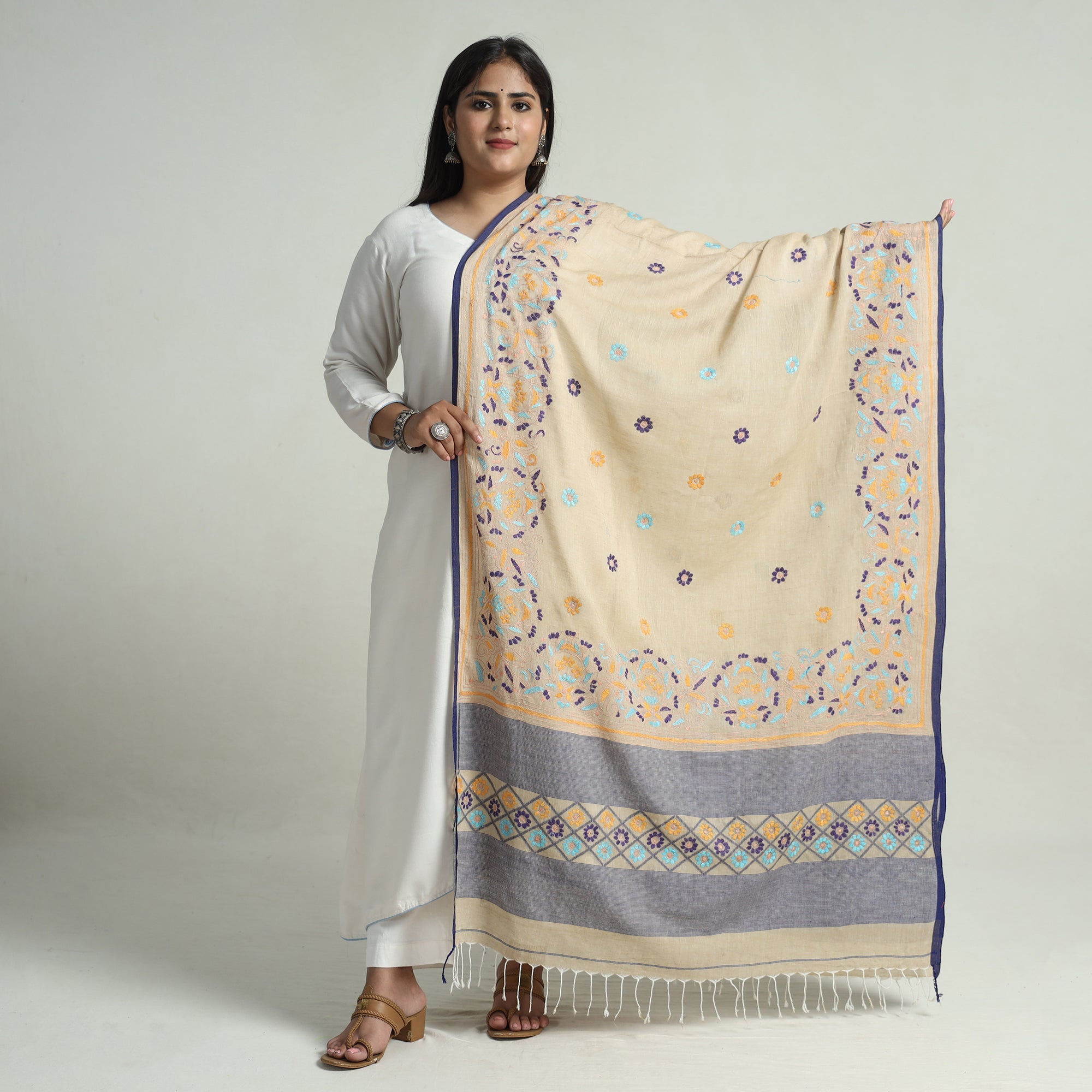KHUSHBASH - HAPPY LOOM OF EAST Beige - Bengal Kantha Embroidery Cotton Handloom Dupatta 100