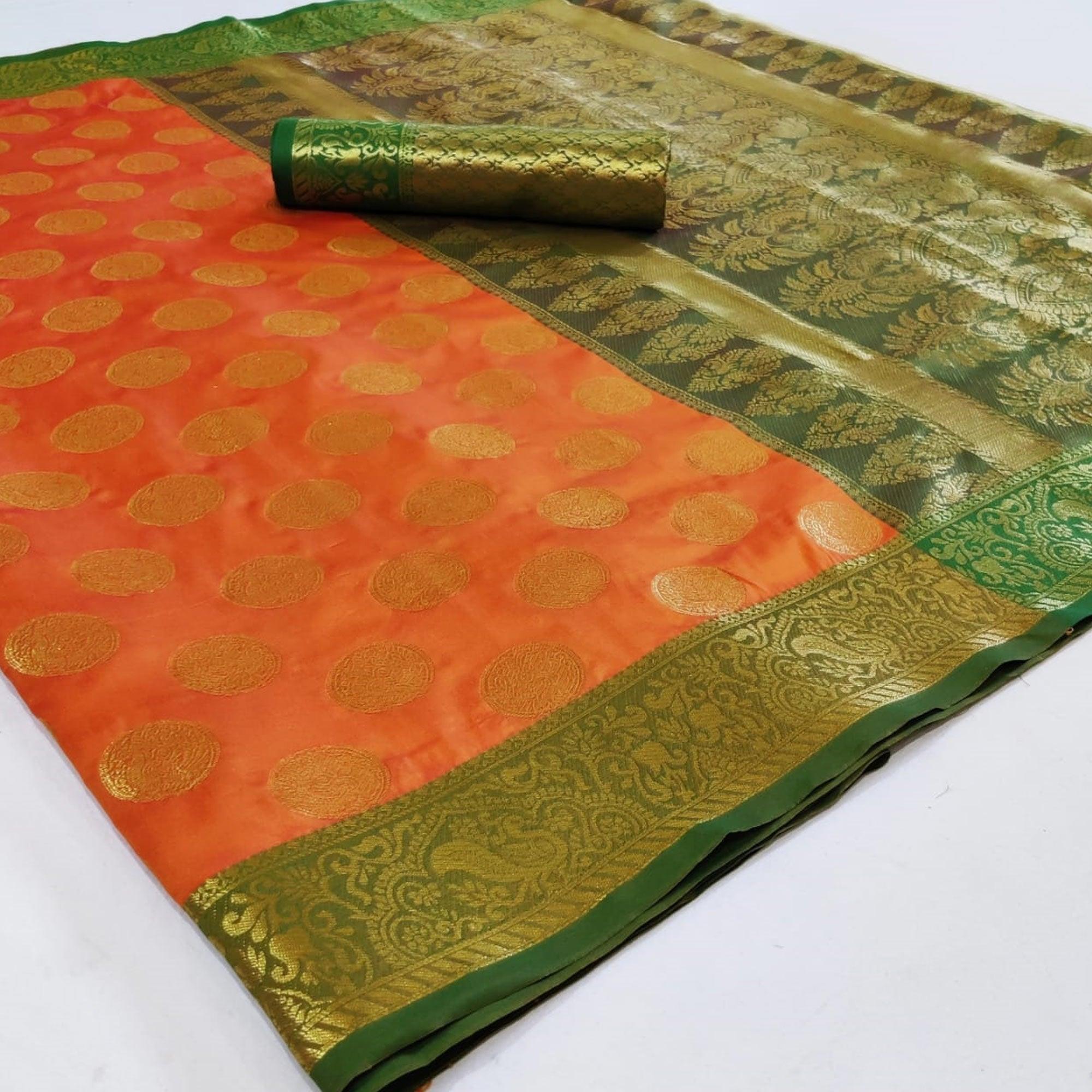 Peachmode Elegant Orange Colored Festive Wear Woven Heavy Silk Saree