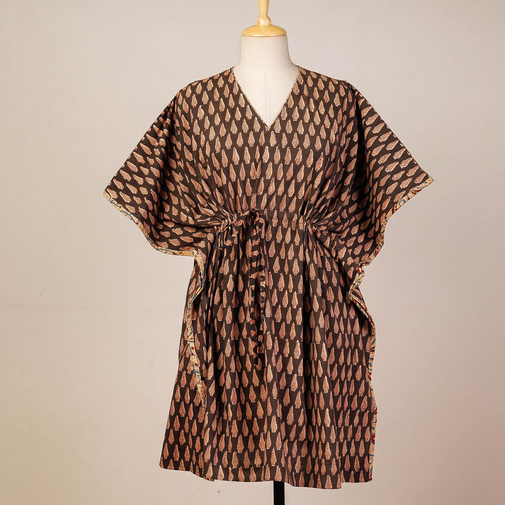 CHUTNEY CRAFT STUDIO Brown - Block Print Cotton Kalamkari Kaftan with Tie-Up Waist (Medium)