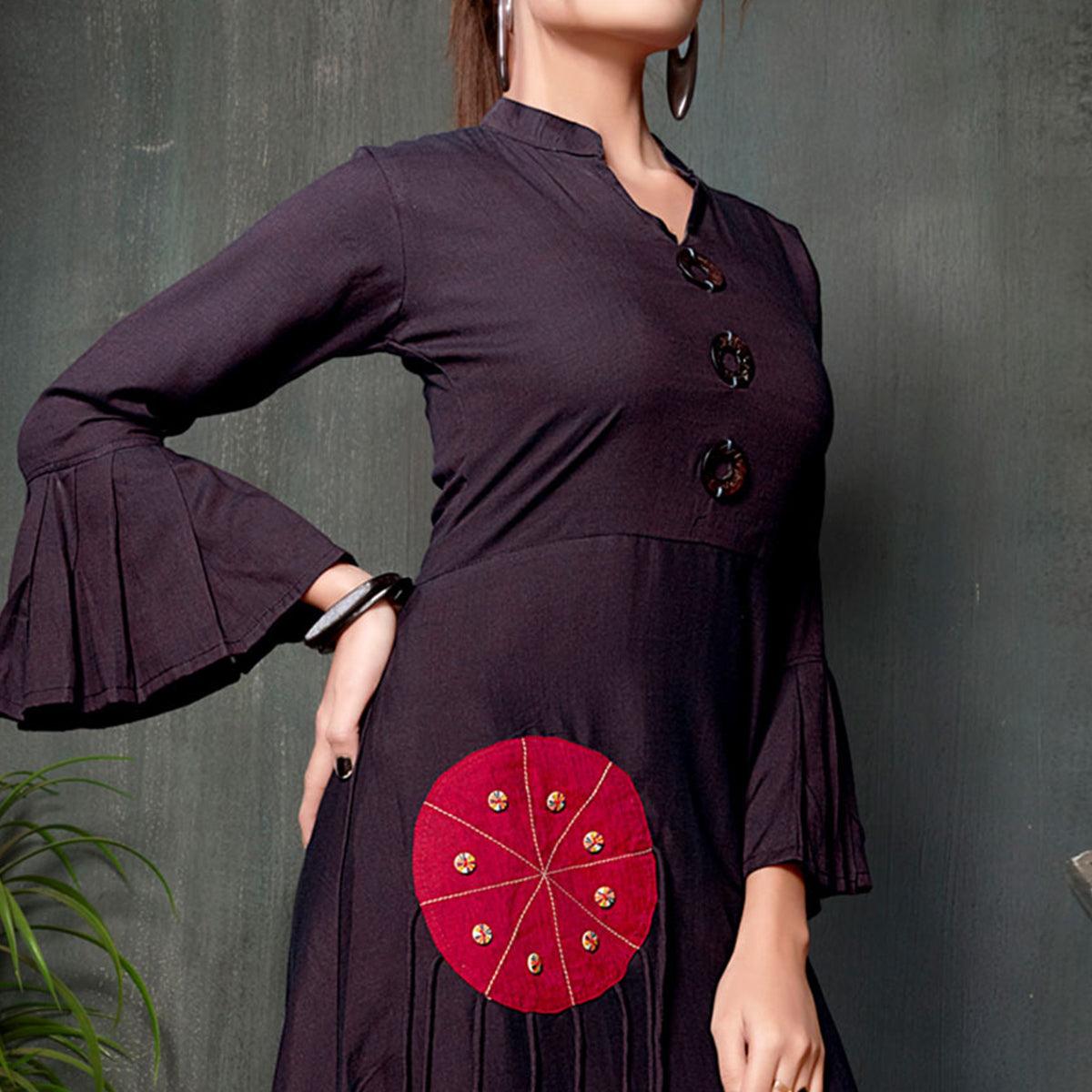 Peachmode Seller Dark Purple Embroidered Rayon Kurti - view 2