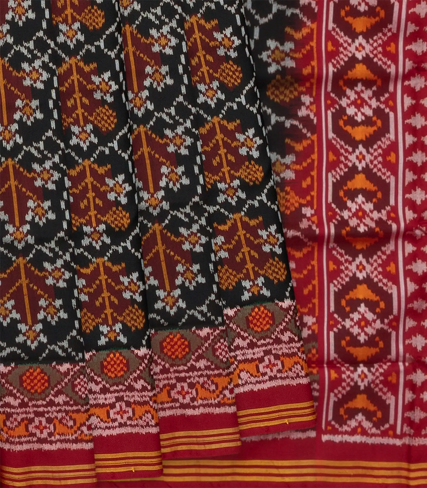 RmKV Black Handloom Double Ikat Silk Saree With Geometric Floral Motifs & Crimson Border-Black