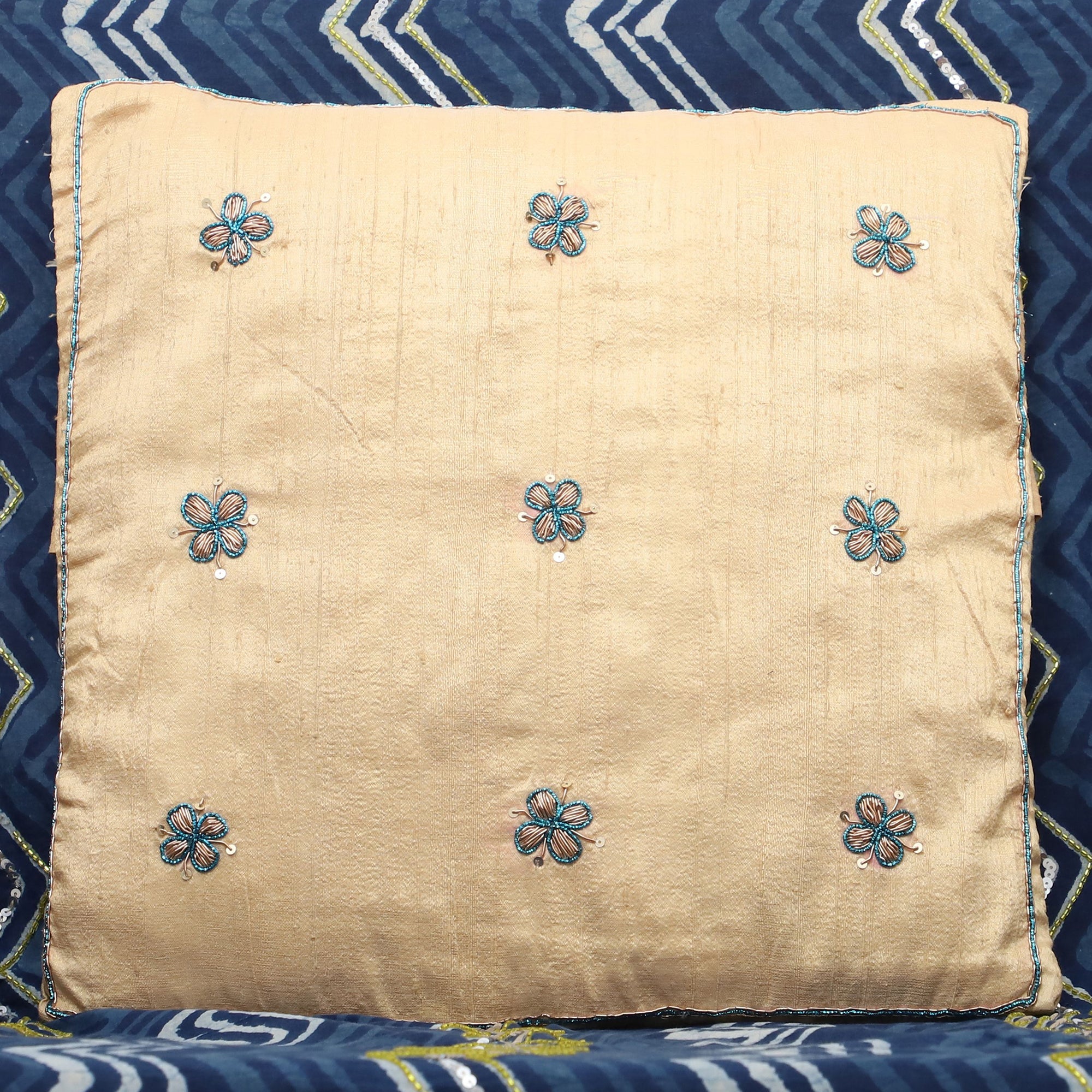 TICS Beige - Flower Butas - Zardozi Hand Embroidered Raw Silk Cushion Cover (Set of 2) - view 5