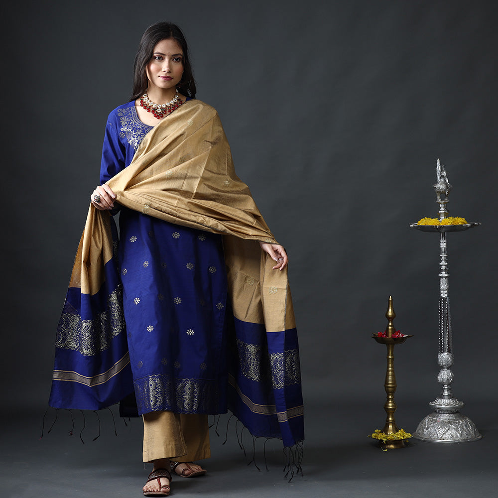 ITOKRI CASUALS Blue & Beige Phulia Jamdani Silk Kurta with Palazzo & Dupatta Set - view 3