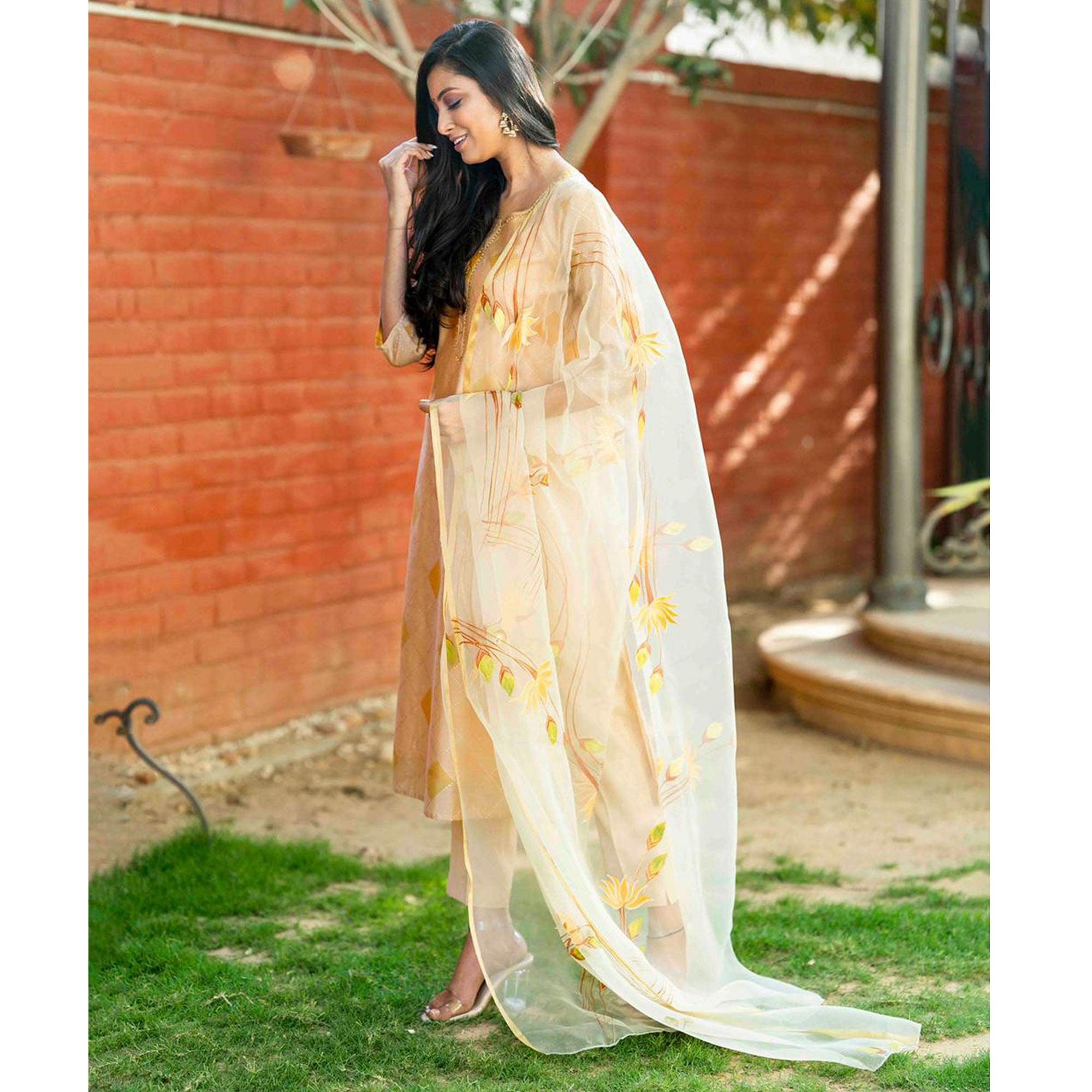 Peachmode Cream Partywear Printed Cotton Silk Kurti Pant Set With Dupatta - view 7