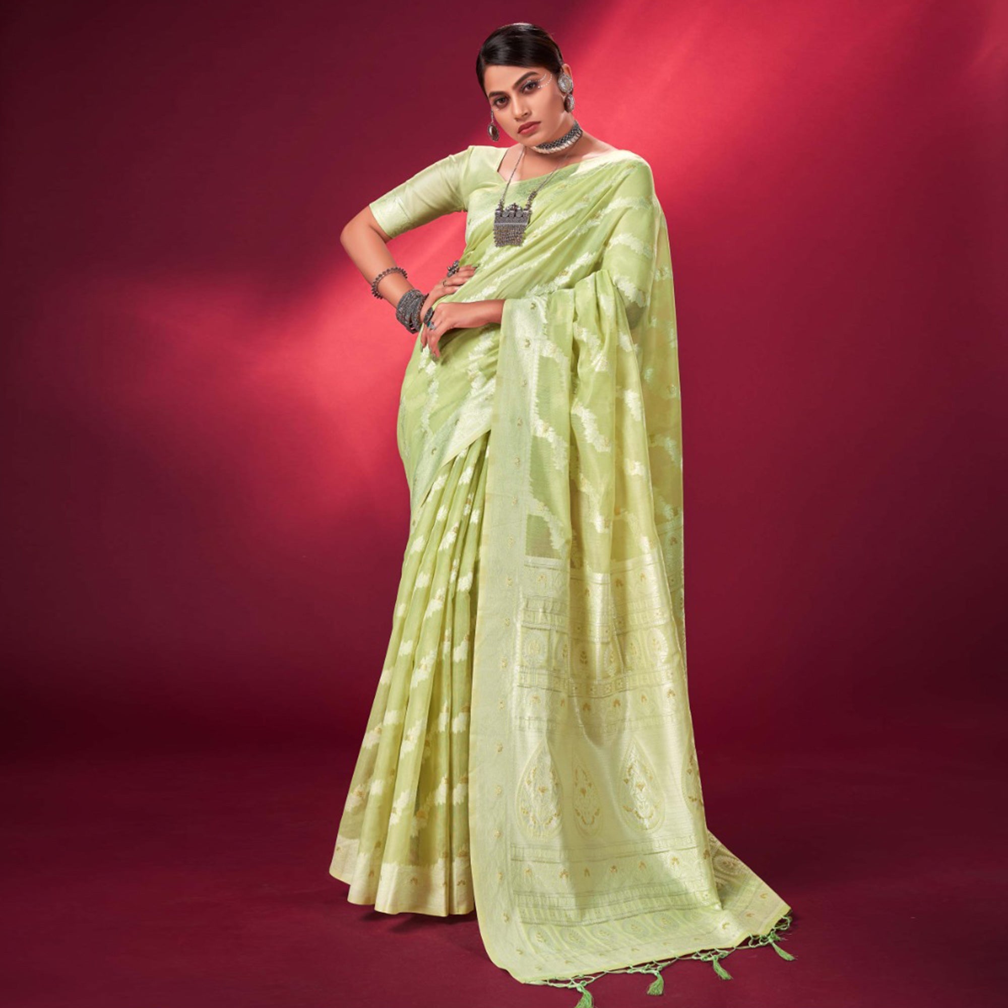 Peachmode Mint Green Woven Cotton Silk Saree With Tassels