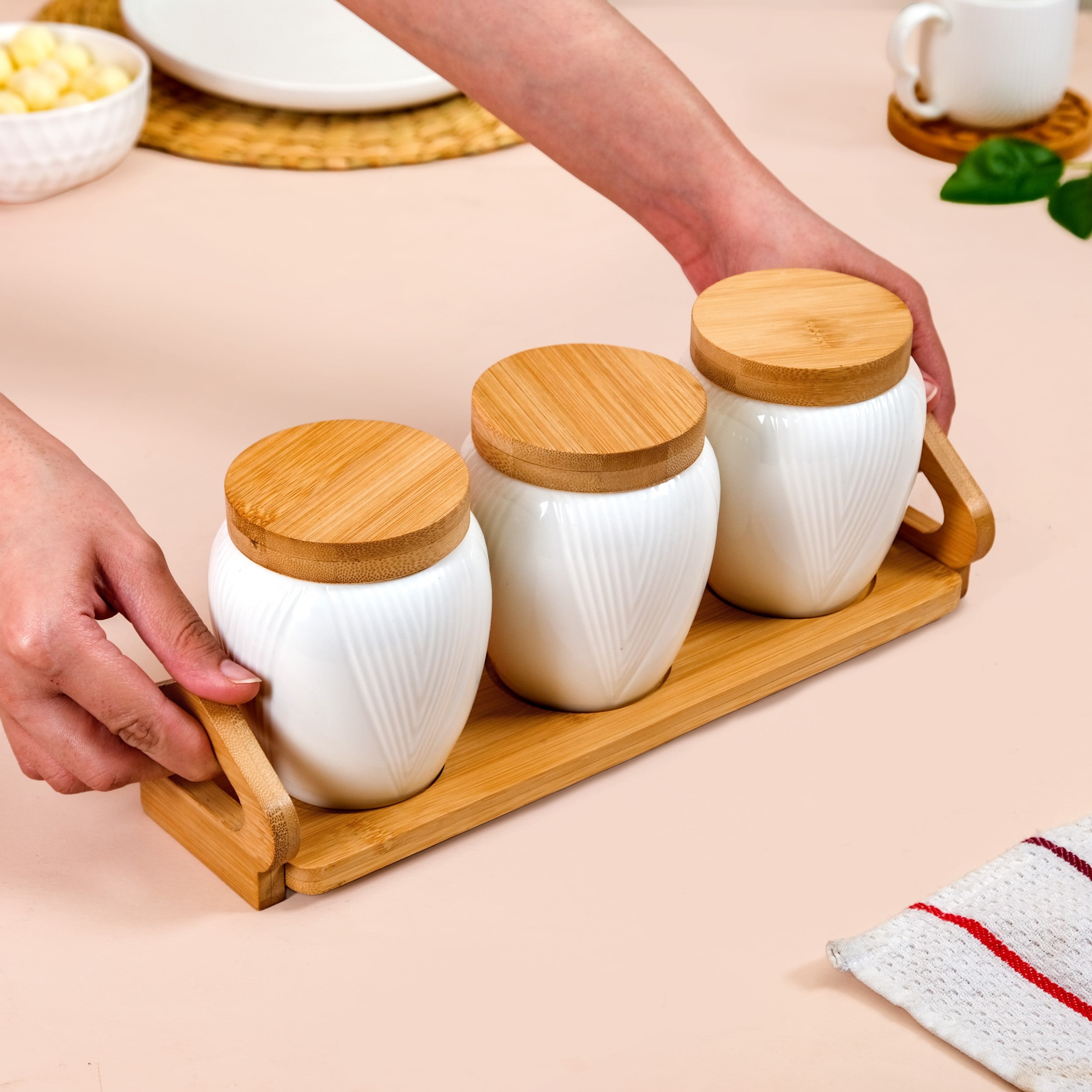 Nestasia Blanca Set Of 3 Airtight Ceramic Jars With Lids And Wooden Tray - view 2