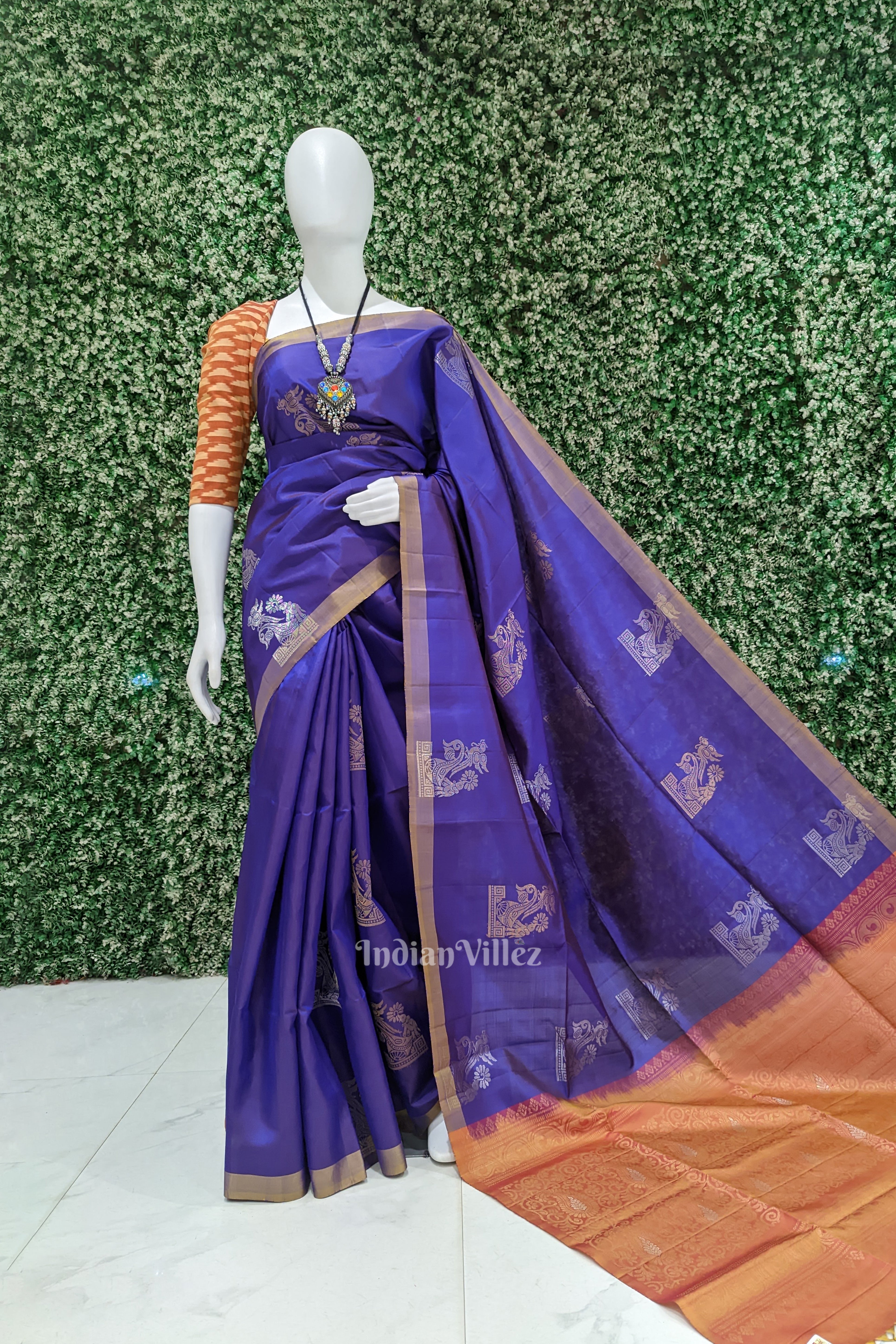 IndianVillèz Redish Purple Pure Kanjivaram Soft Silk Saree