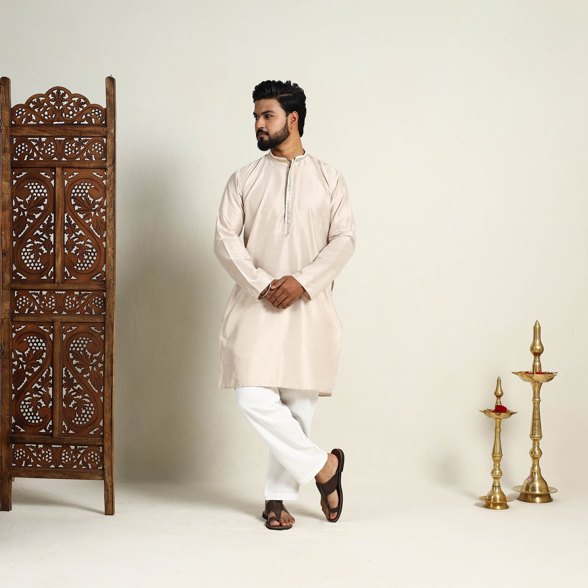 ITOKRI CASUALS Beige - Slub Silk Kurta for Men with Detailed Neckline Work 06 - view 7