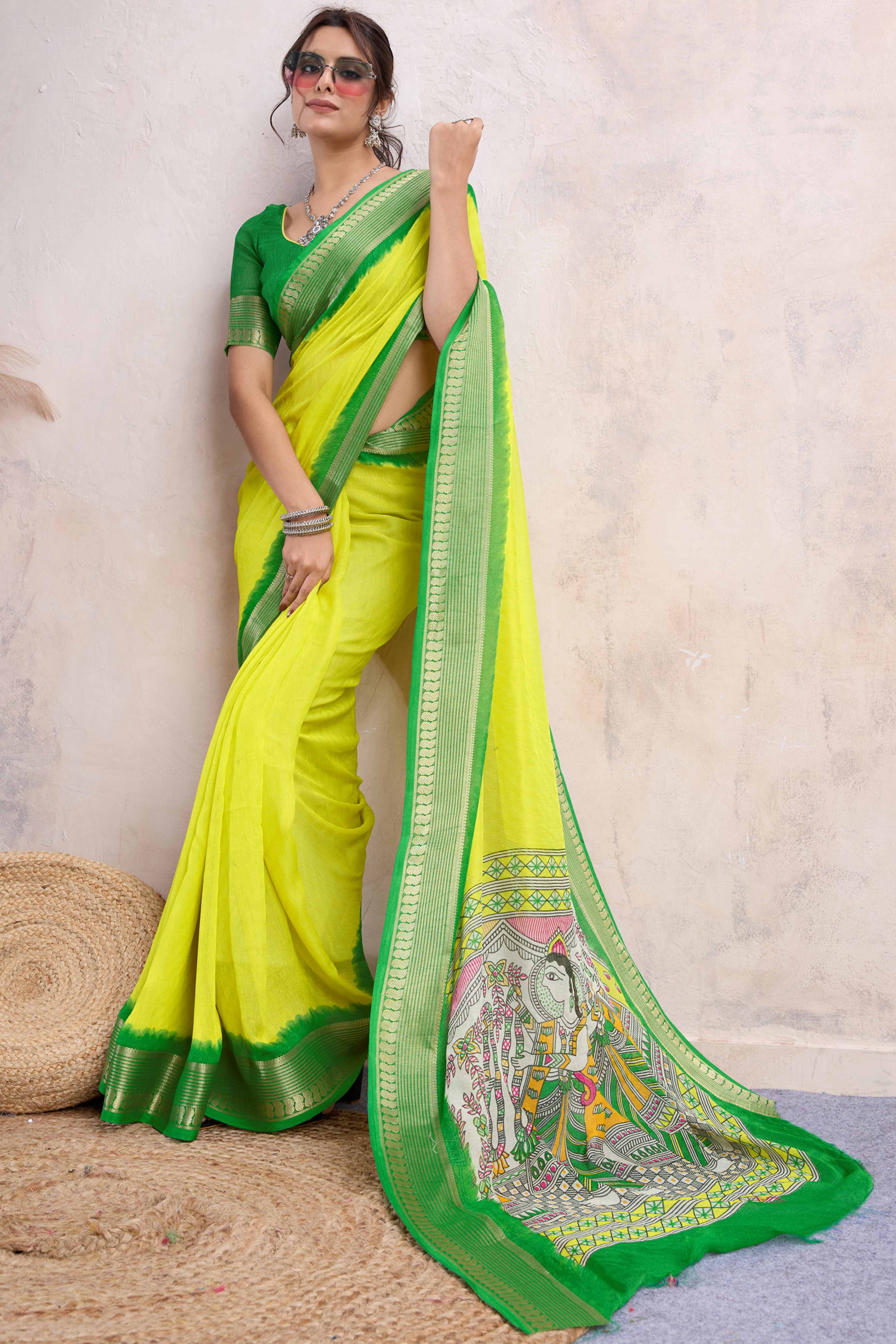 Peachmode Lemon Yellow Printed Cotton Silk Saree With Jacquard Border