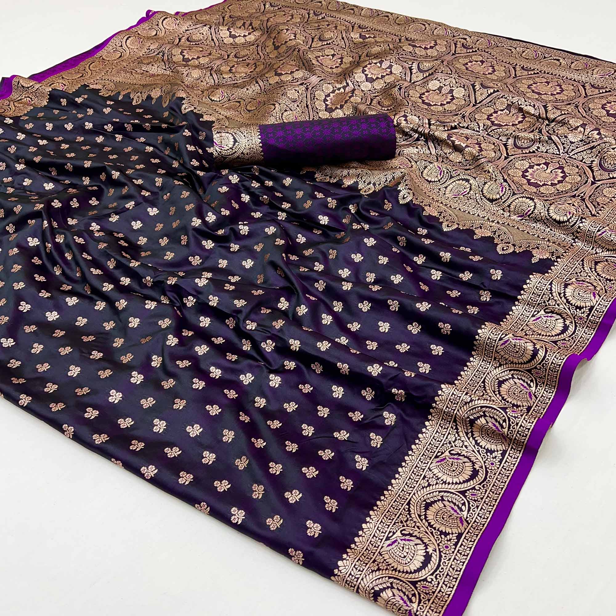 Peachmode Dark Purple Floral Woven Satin Silk Saree With Zari Border