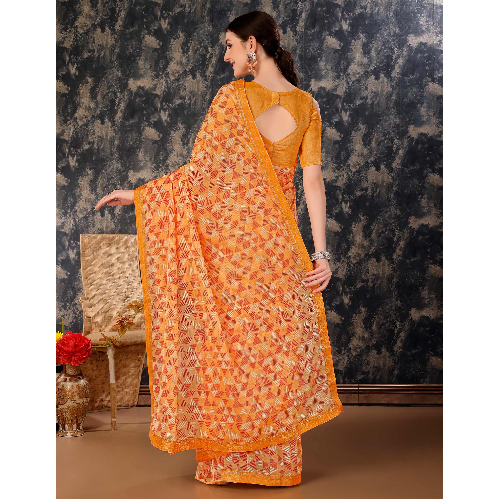 Peachmode Light Orange Geometric Printed Chiffon Saree With Lace Border - view 6