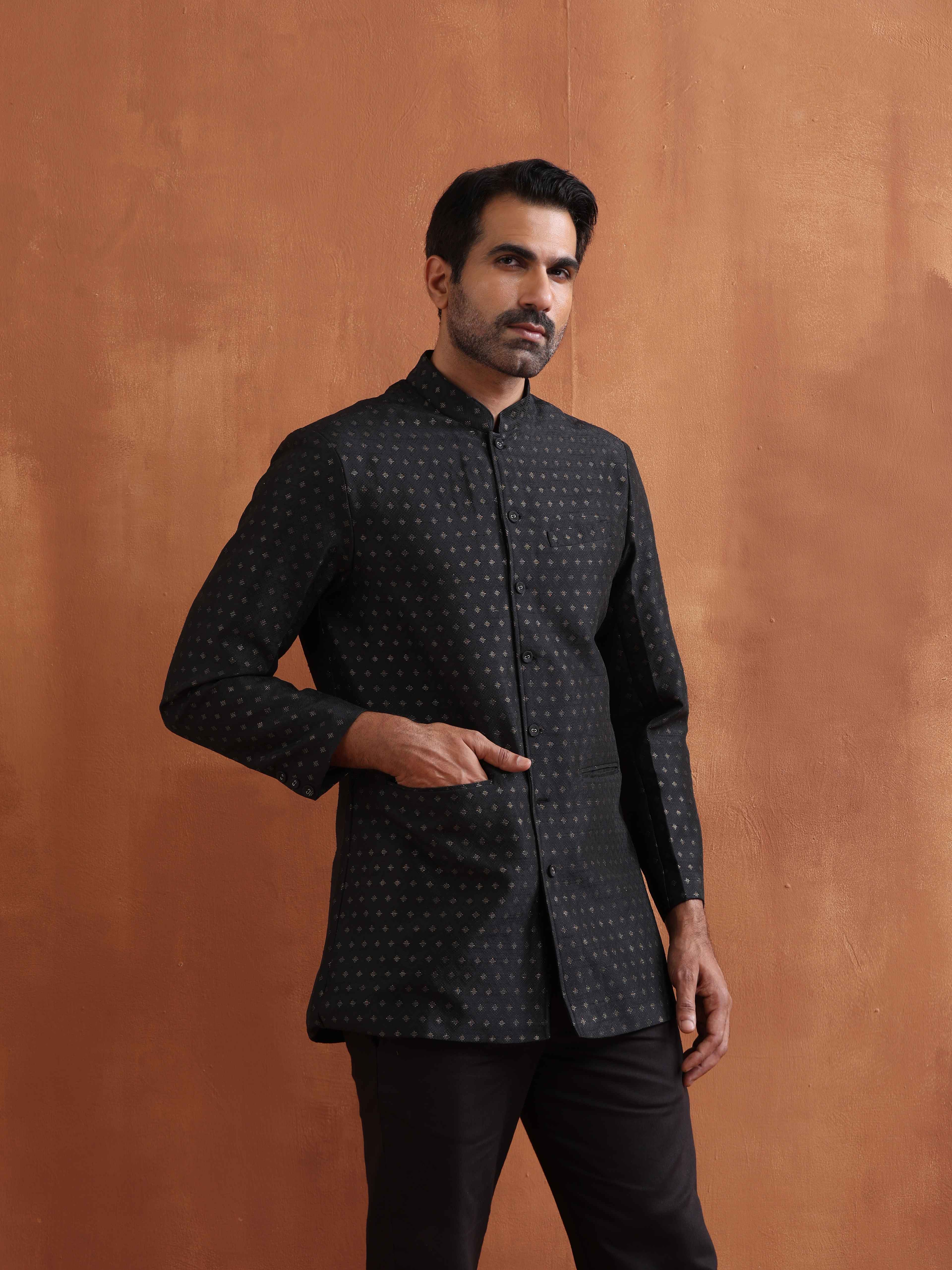 trueBrowns Men's Black Chanderi Long Jacket - view 3