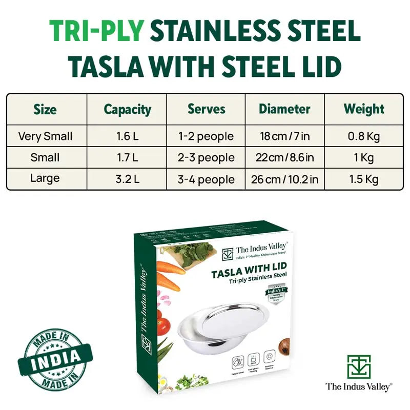 The Indus Valley TurboCuk Tri-ply Stainless Steel Tasla/Tasra/ Patila+ Steel Lid, Cook & Serve, Premium Quality, 3 Layer Thick Body, 100% Toxin-free, - view 3