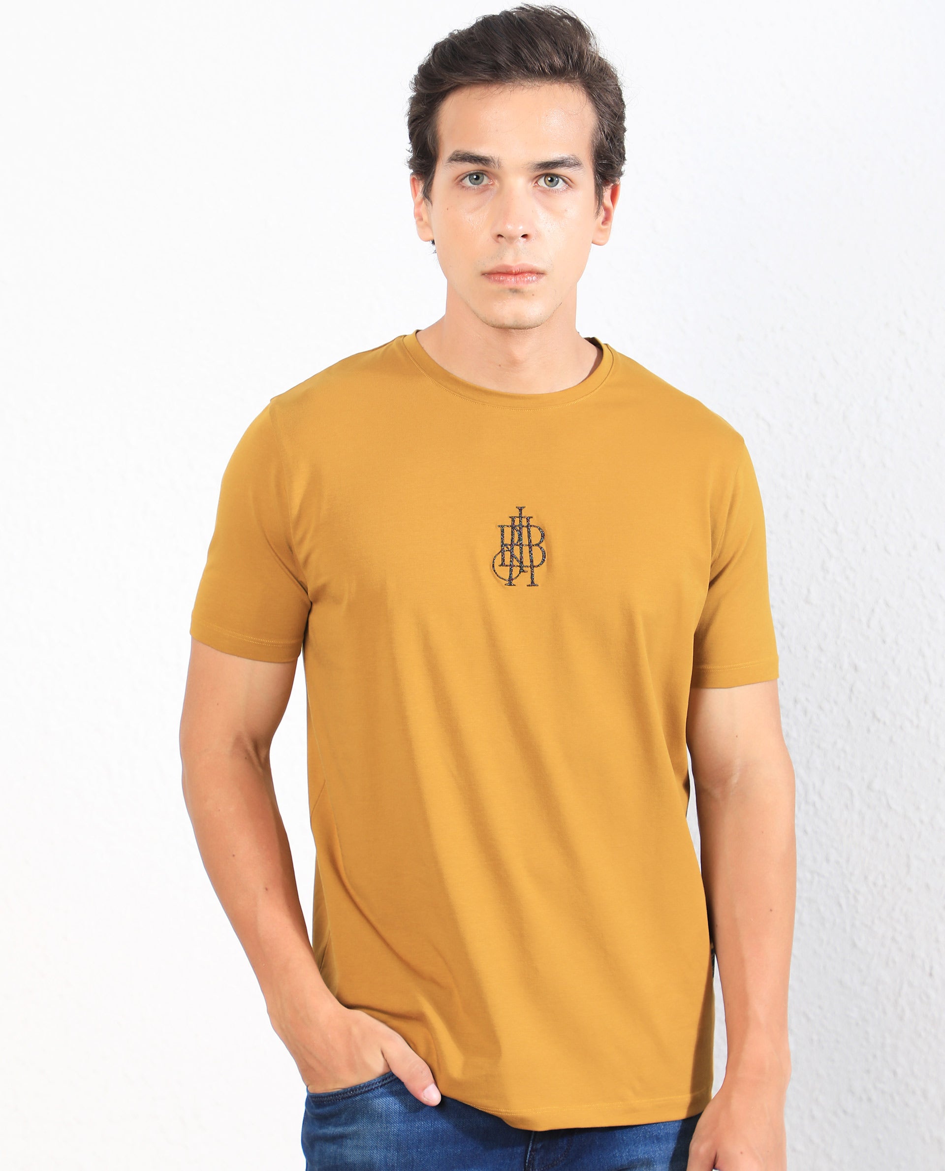 Rare Rabbit Men's Ware Mustard Cotton Lycra Fabric Crew Neck Half Sleeves Regular Fit Embroidered Monogram T-Shirt - view 2
