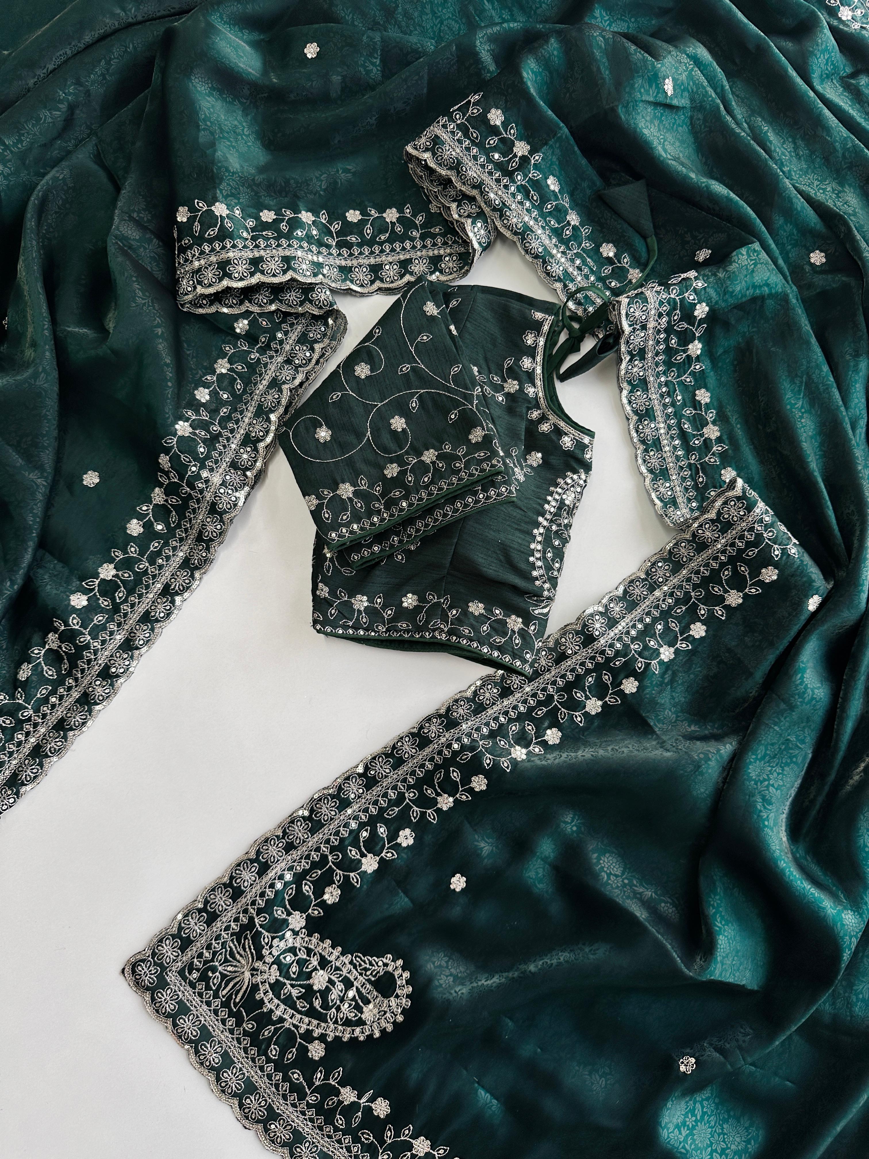 ClothsVilla Dark Green Soft Silk Saree with Elegant Rubber Weaving & Heavy Embroidery Work - view 2