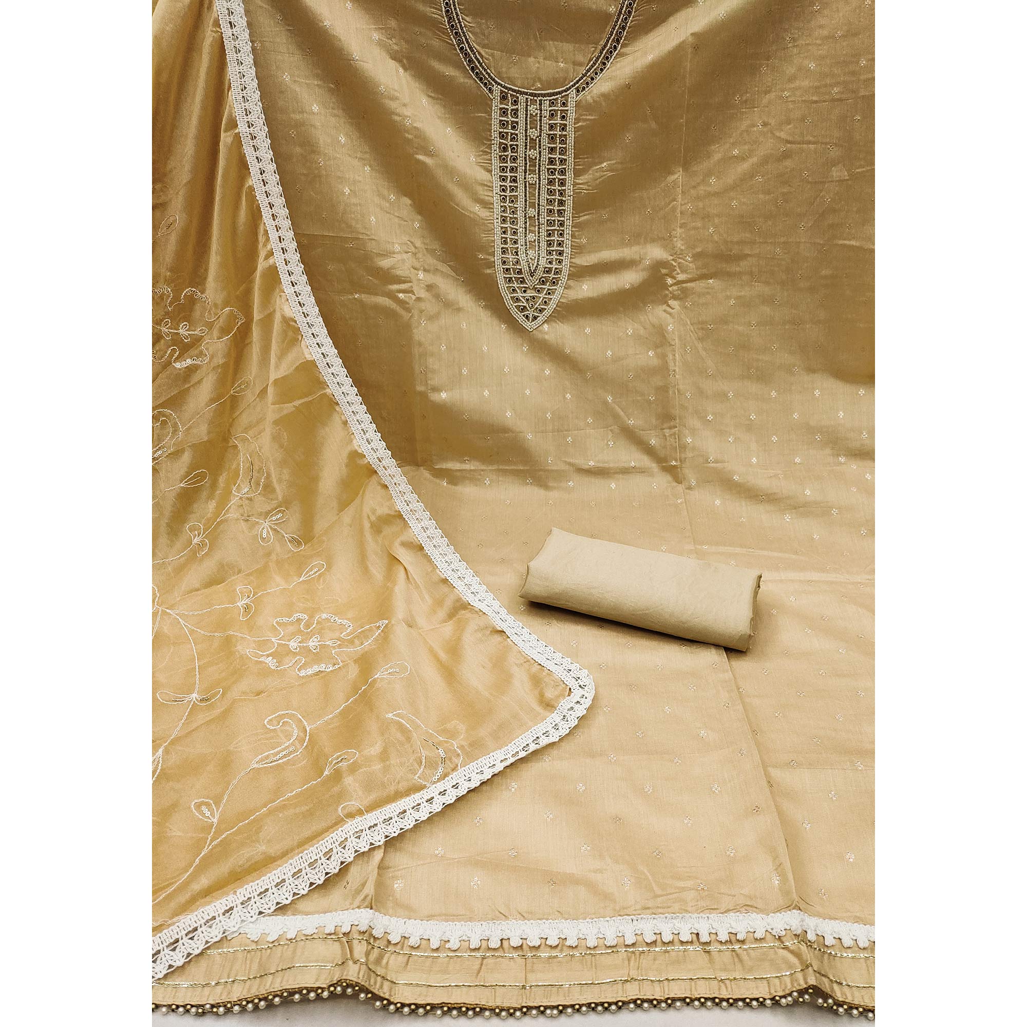 Peachmode Chikoo Woven With Moti Handwork Chanderi Silk Dress Material - view 3