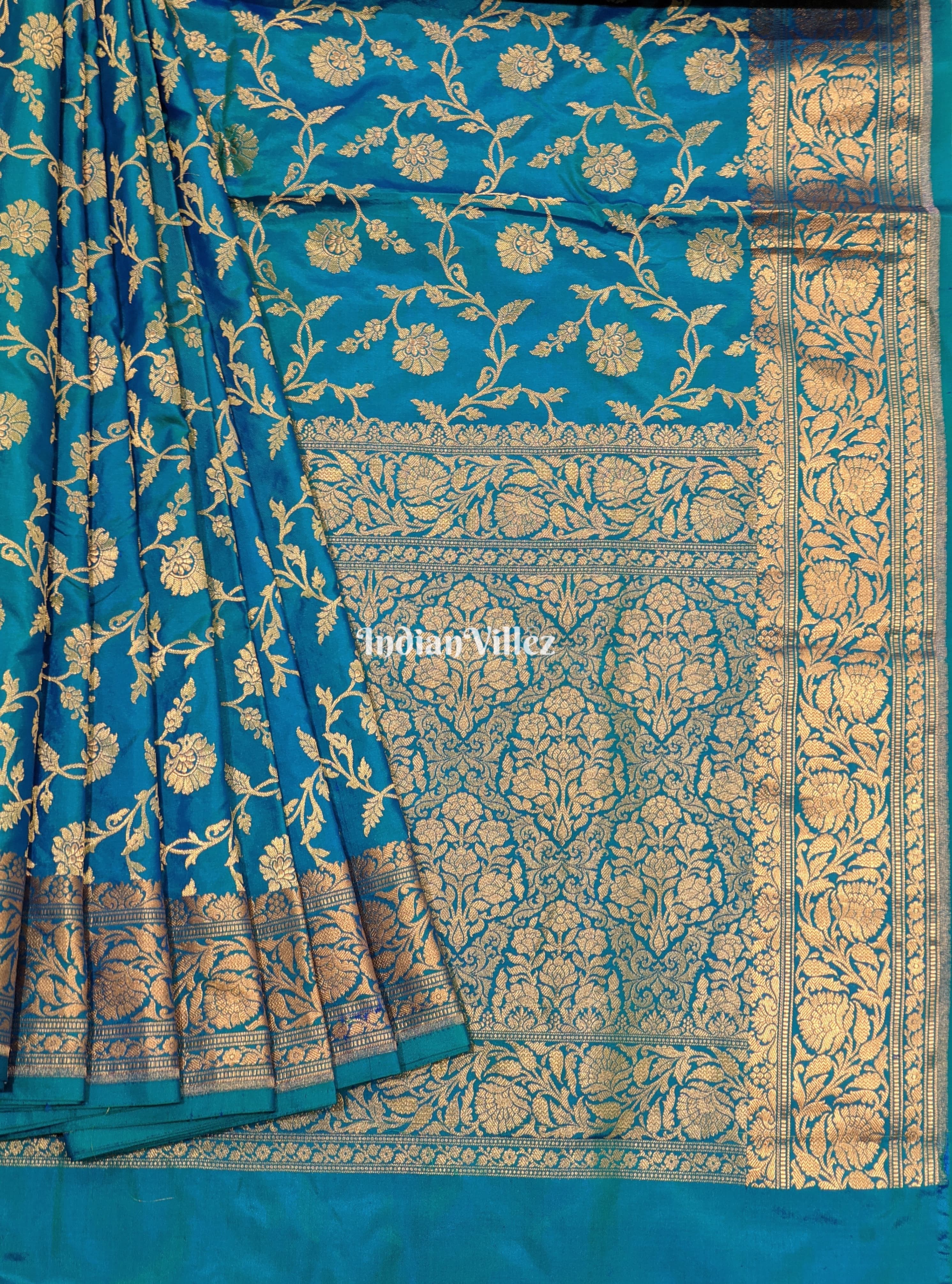IndianVillèz Sky Blue Floral Banarasi Katan Silk Saree