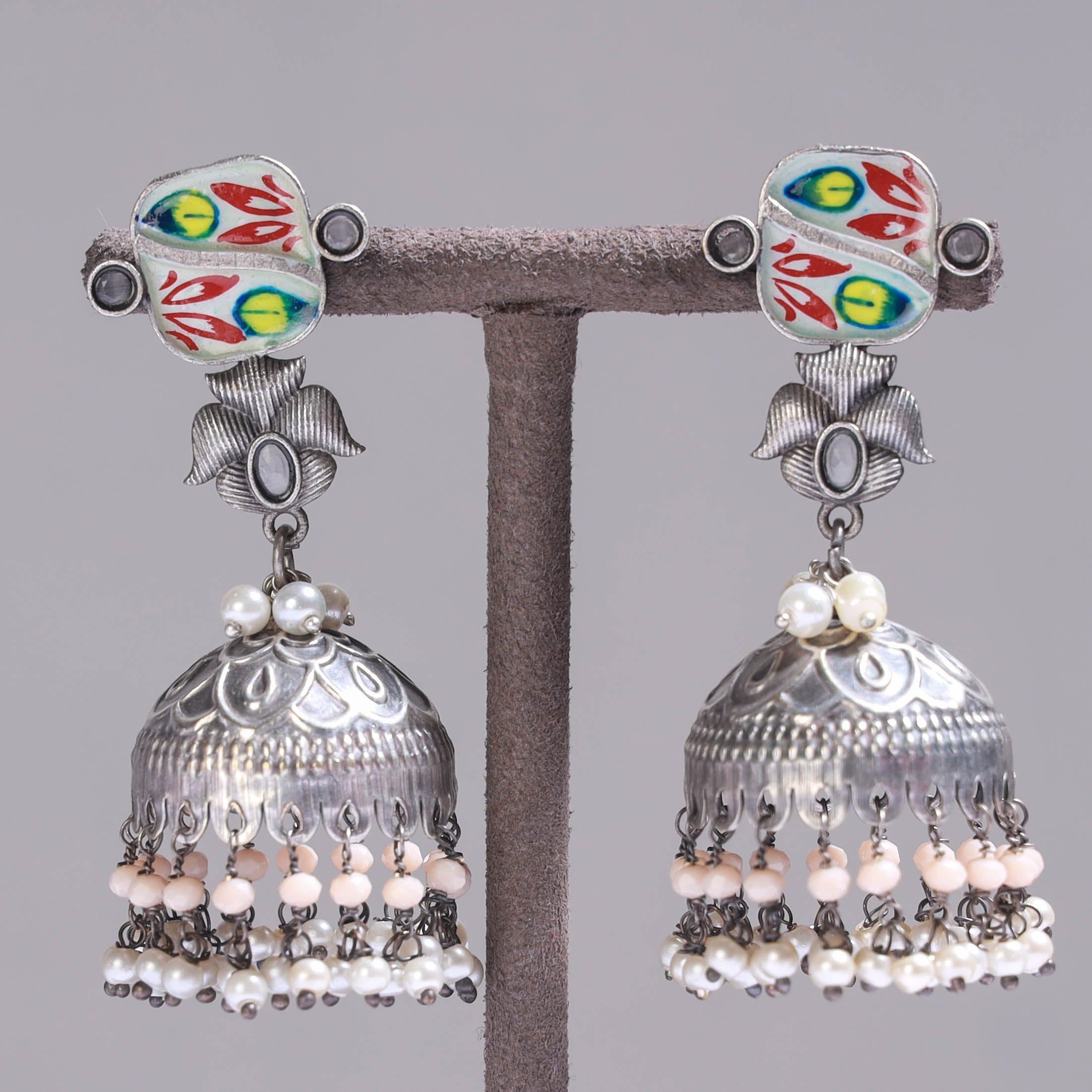 WHITE RIVER STORIES Antique Silver Finish Oxidised Brass Base Enamel Work Earrings - view 2