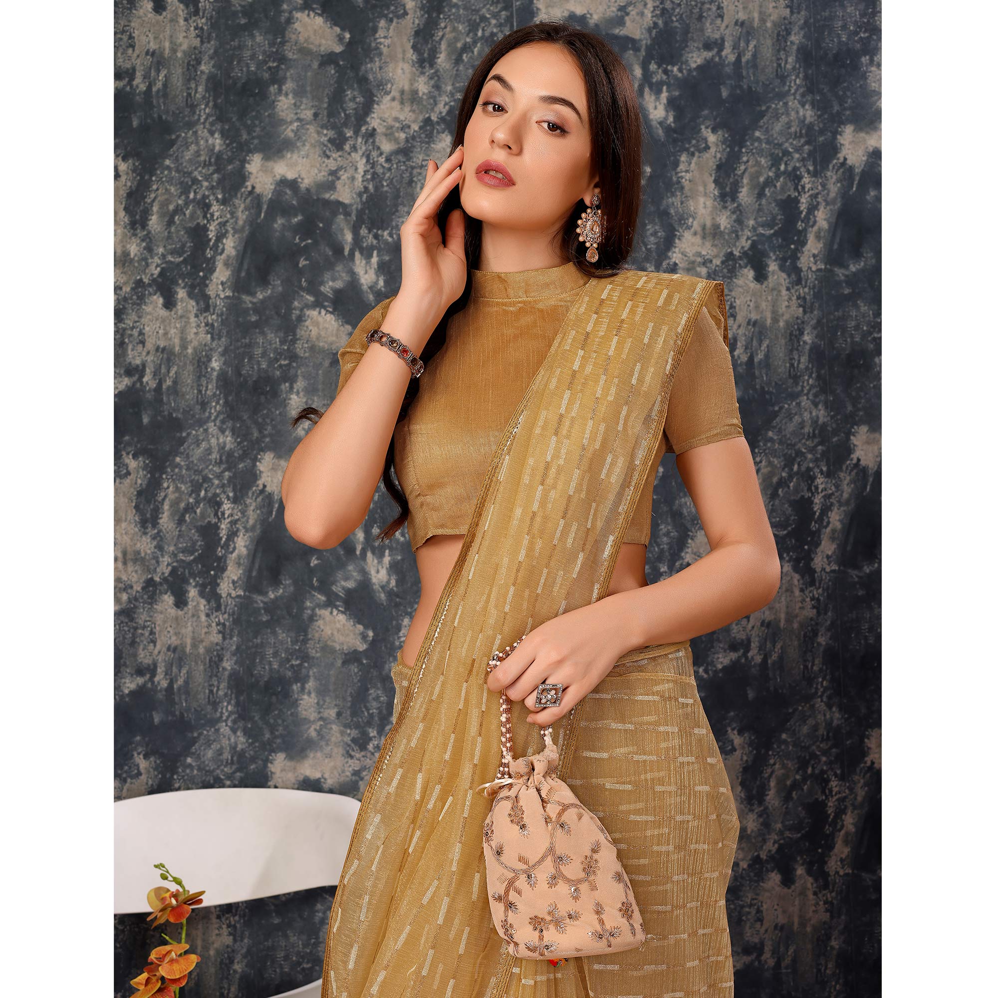 Peachmode Chikoo Zari Printed Cotton Silk Saree Lace Border - view 7