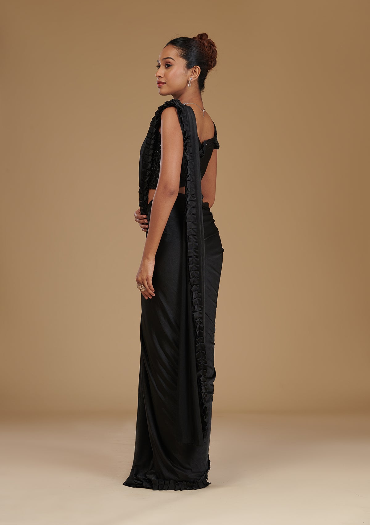 Koskii Black Stonework Satin Readymade Saree – Women's - view 3