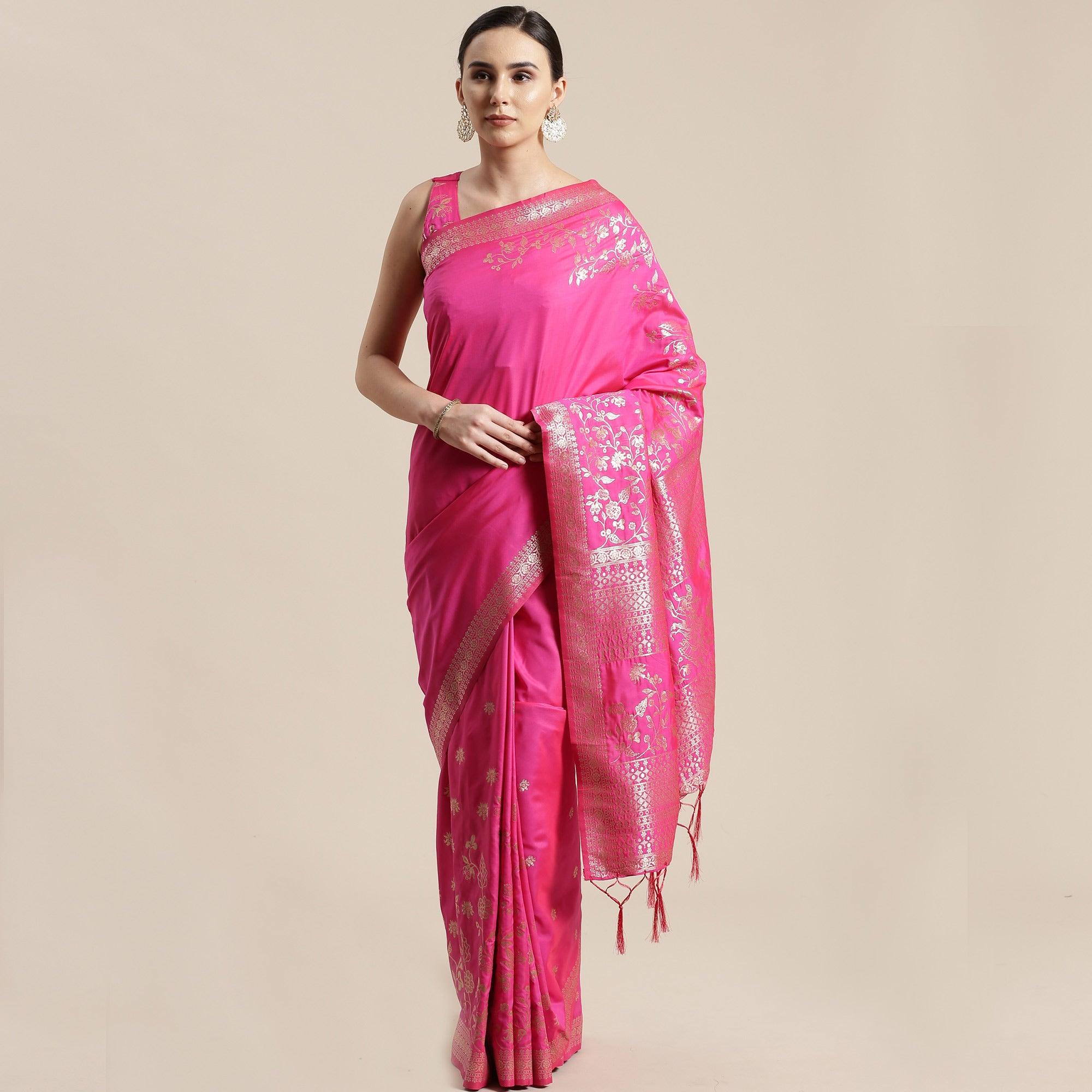 Peachmode Jazzy Pink Colored Festive Wear Silk Blend Woven Floral Saree With Tassels