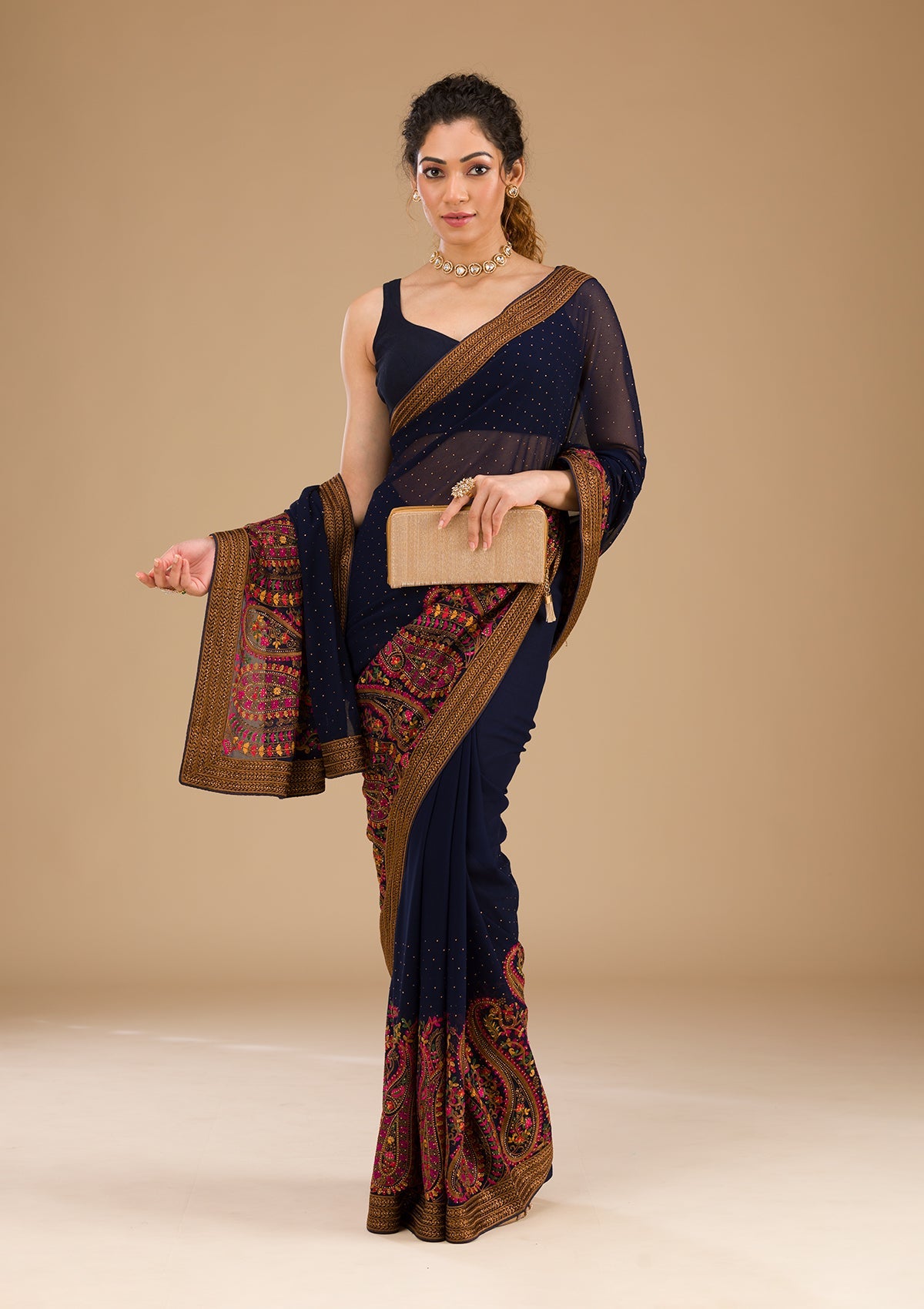 Koskii Navy Blue Threadwork Georgette Saree – Women's