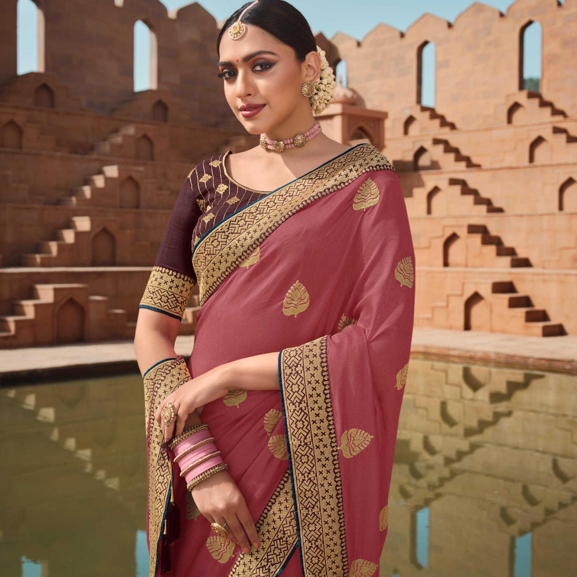 Peachmode Light pink Party Wear Embroidered Art Silk Saree - view 4
