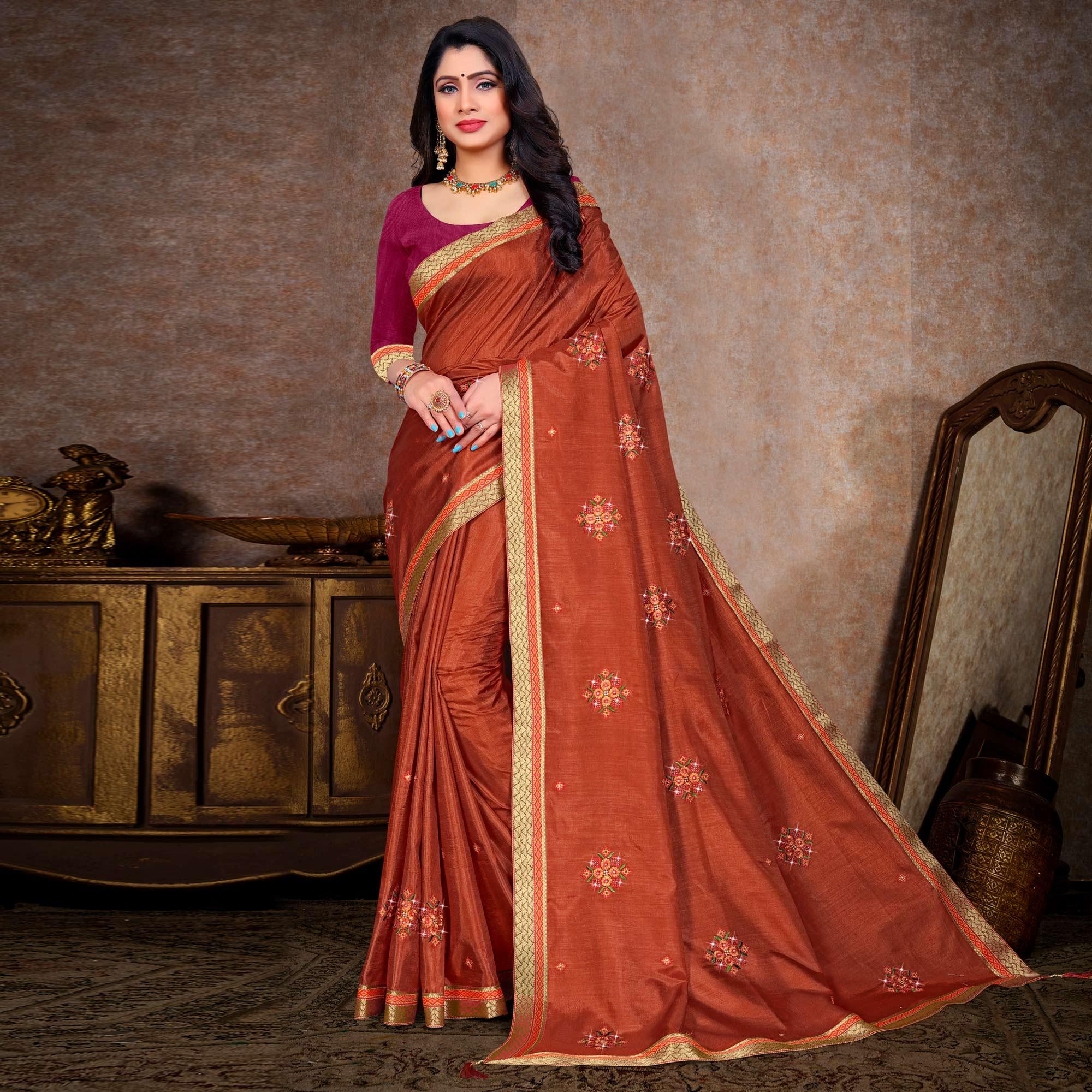 Peachmode Brown Embroidered Vichitra Silk Saree