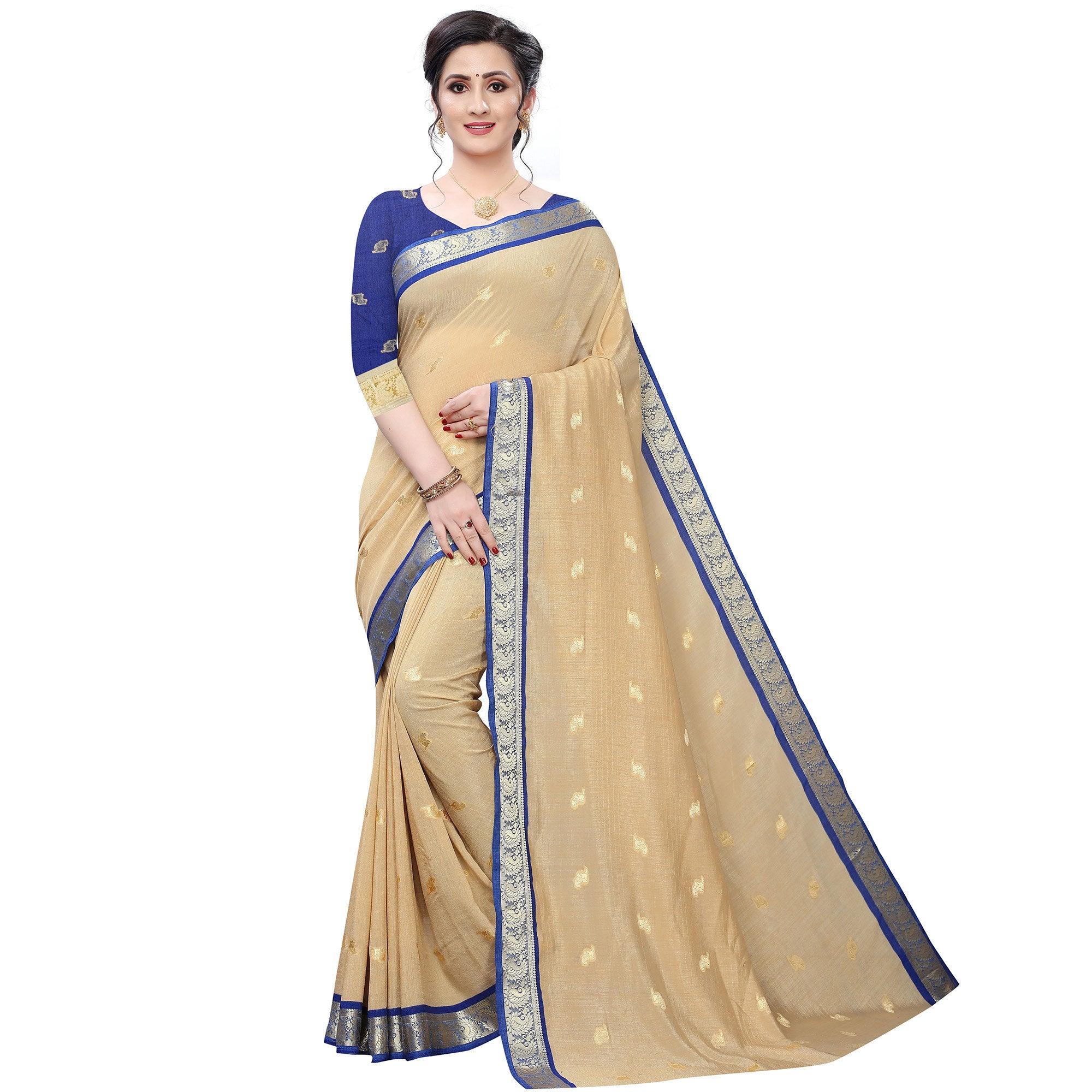 Peachmode Intricate Beige Colored Festive Wear Woven Vichitra Silk Saree