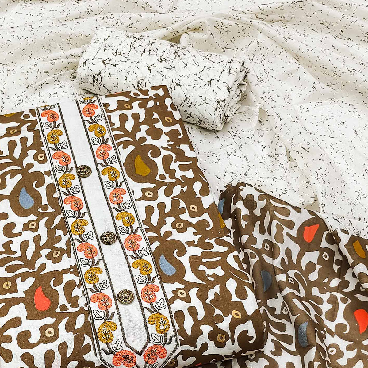 Peachmode Brown Printed Cotton Dress Material - view 2