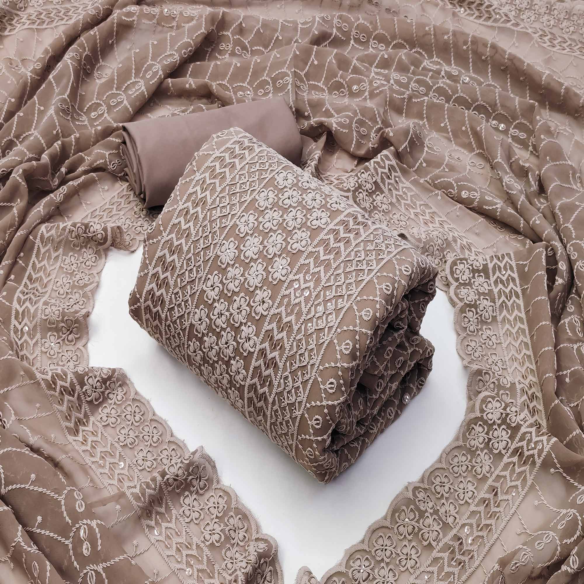 Peachmode Brown Floral Embroidered Dress Material