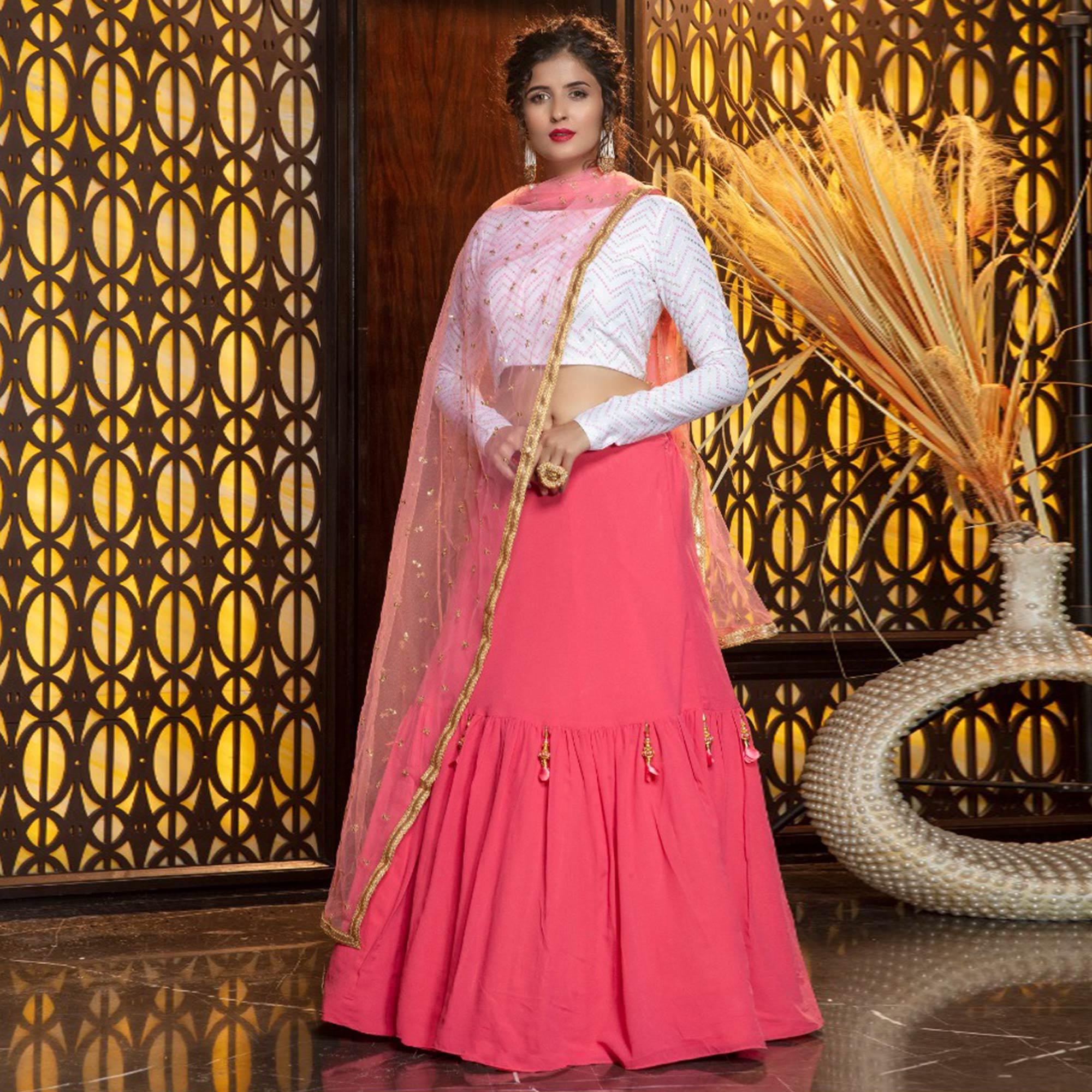 Peachmode Energetic Pink Colored Partywear Foil Printed Georgette Lehenga Choli