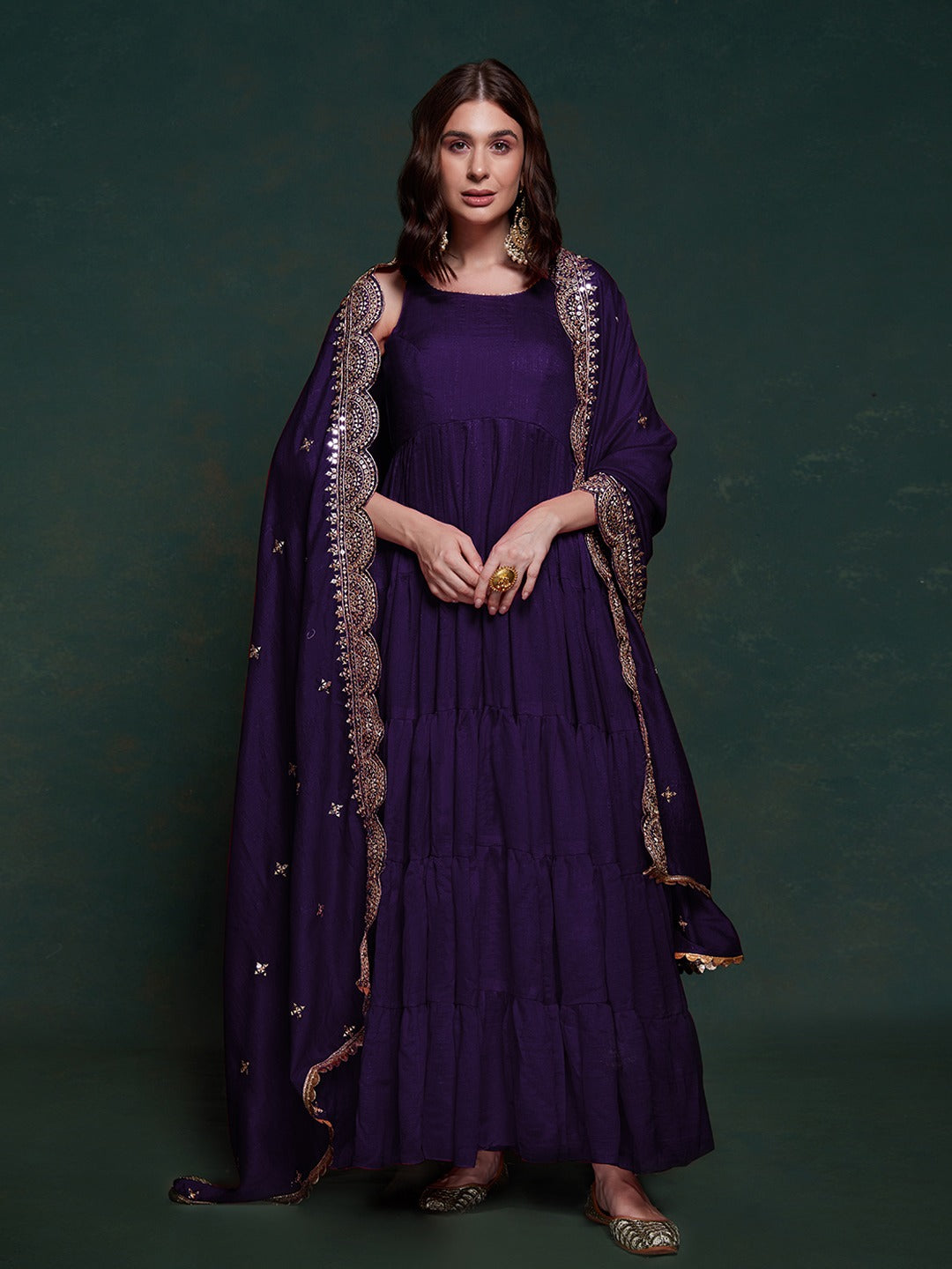 ClothsVilla Purple Silk Gown with Sequins and Zari Embellishments
