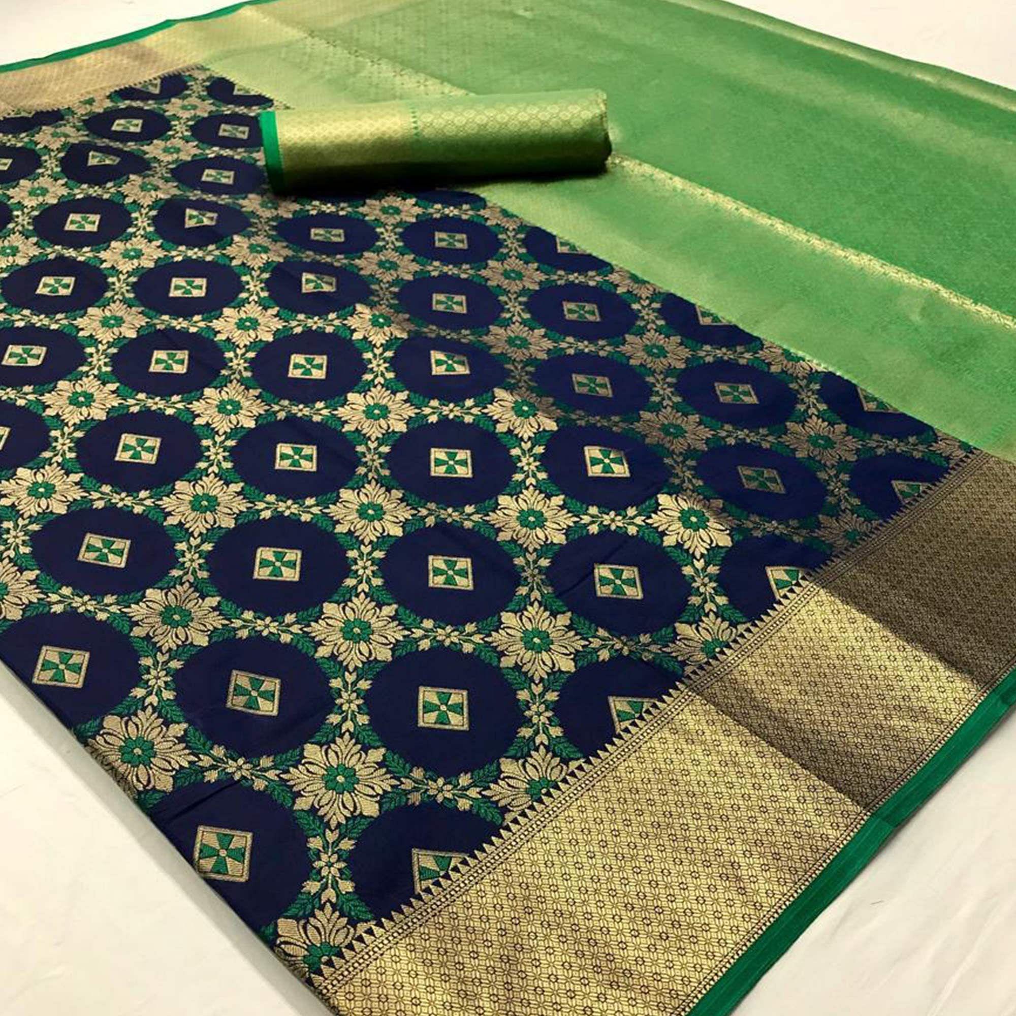 Peachmode Jazzy Navy Blue Colored Festive Wear Woven Silk Saree - view 3
