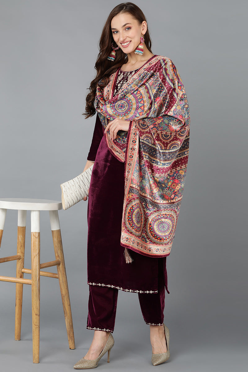 Ahika Burgundy Velvet Straight Kurta Pant With Dupatta PKSKD1766 - view 11