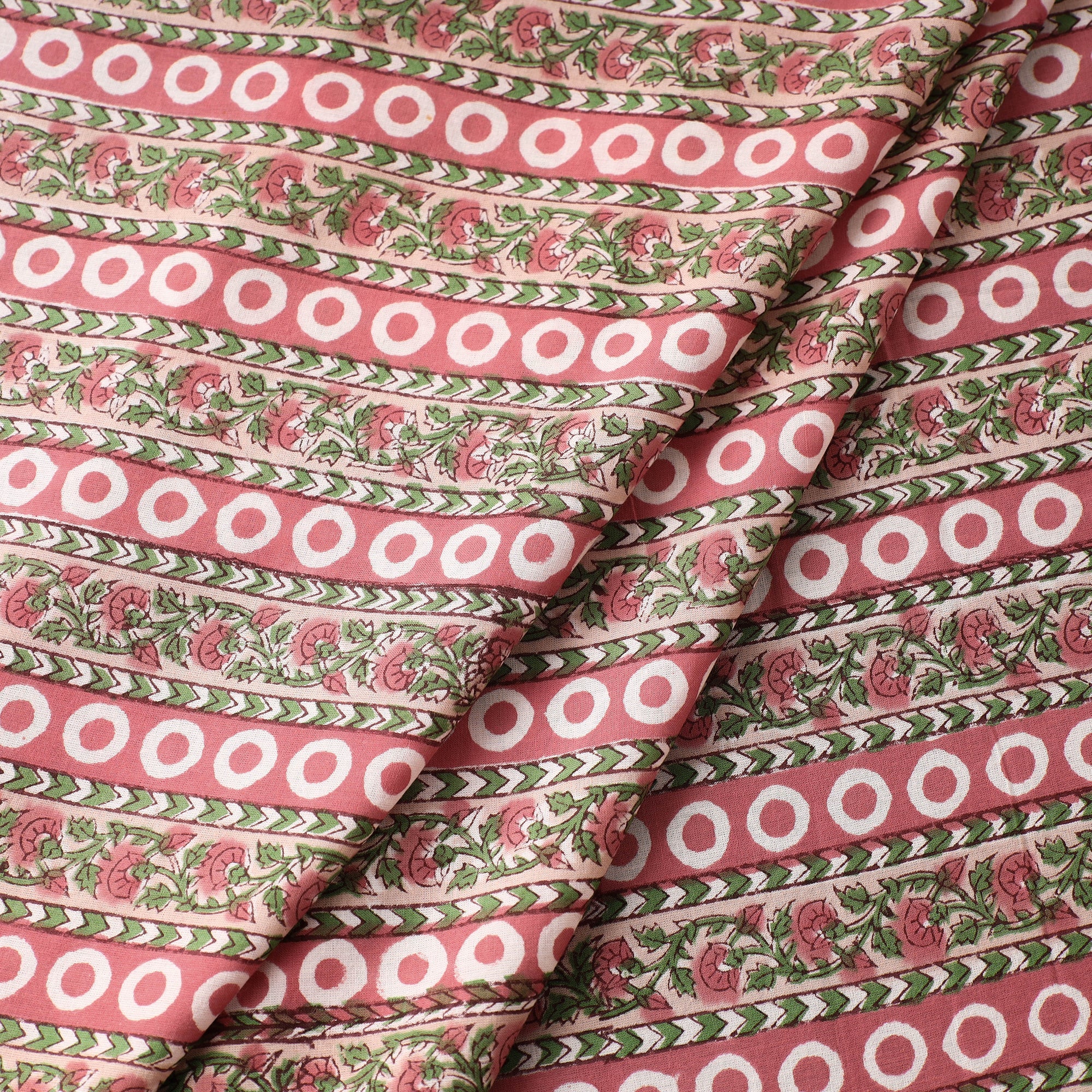 KUSUMLATA Bloom Flowers Stripes Pattern In Red & Green Sanganeri Block Printed Cotton Fabric - view 2