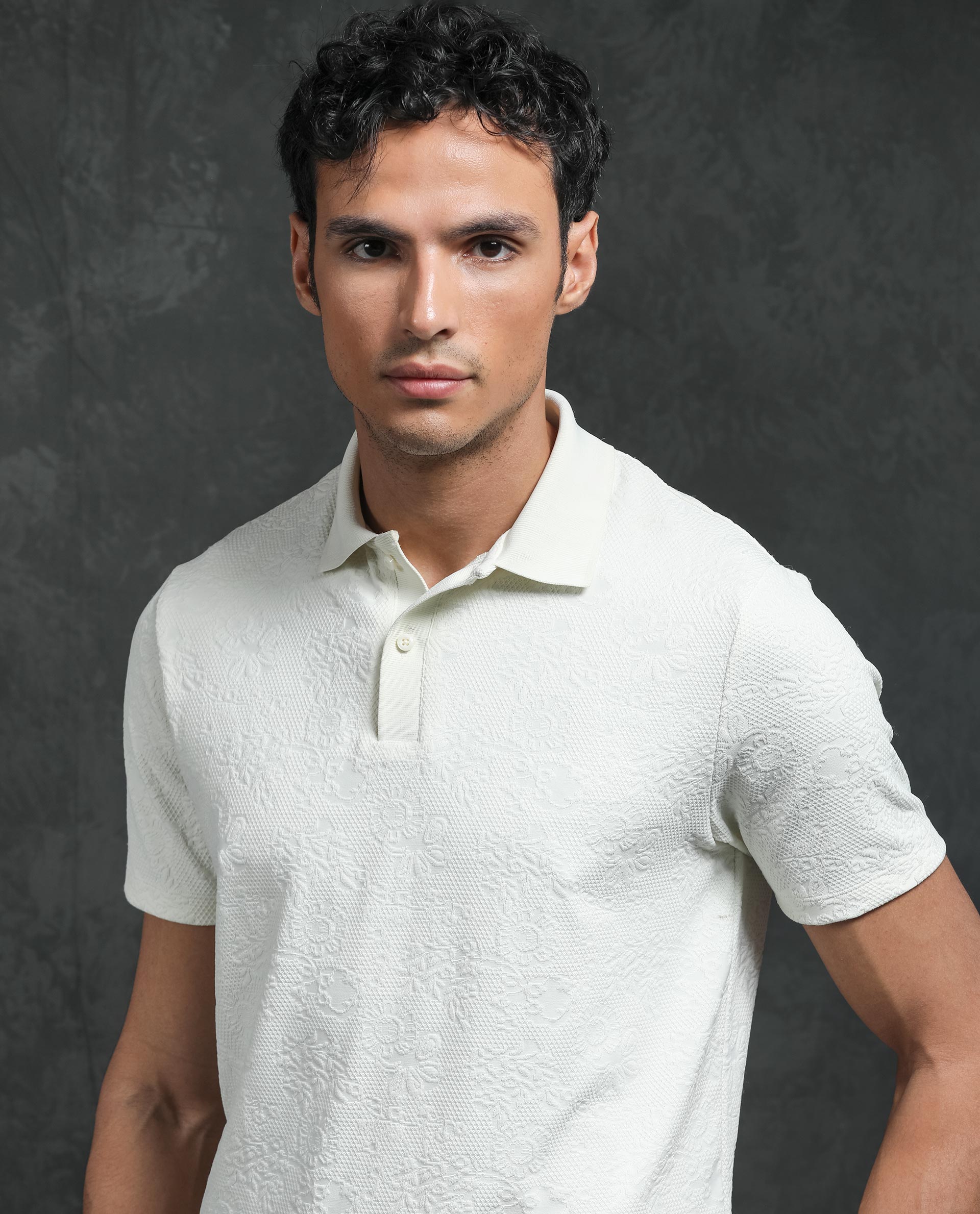 Rare Rabbit Men's Criuse Off-White Polyester Fabric Collared Neck Half Sleeve Floral Jacquard Polo T-Shirt - view 9