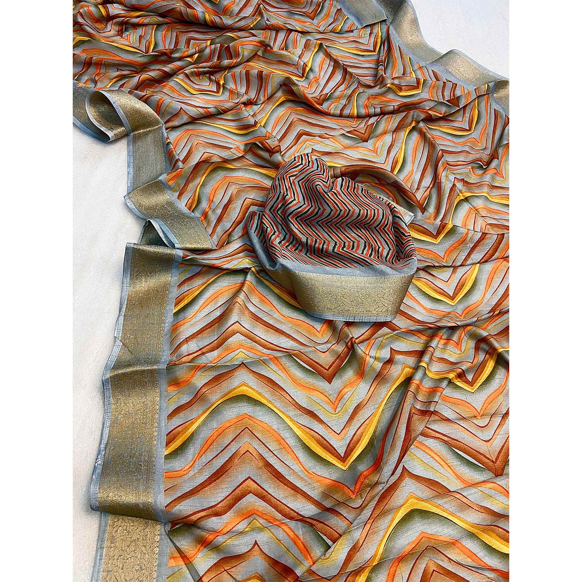Peachmode Grey Zig Zag Printed Dola Silk Saree With Woven Border - view 4