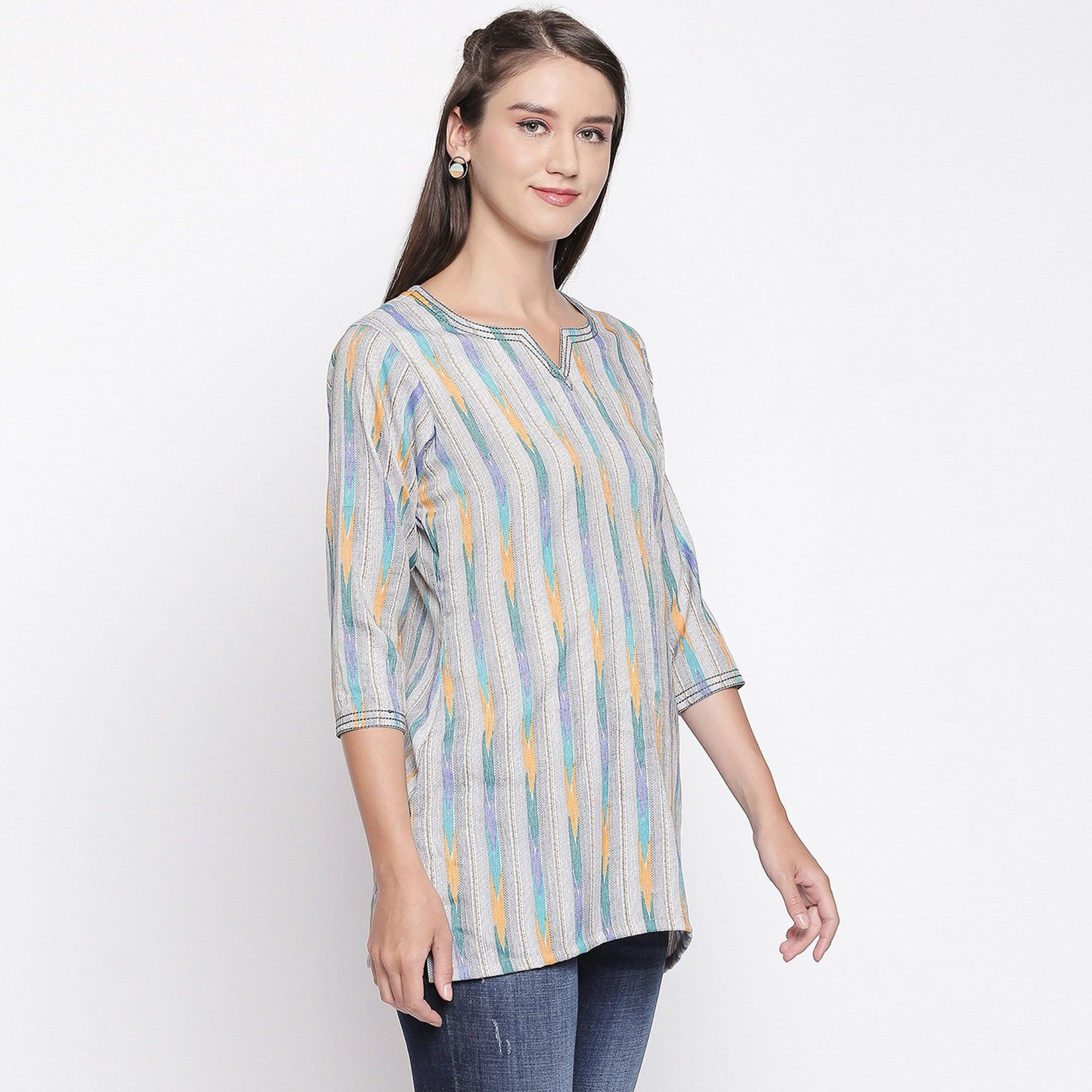 Peachmode Grey Printed Pure Cotton Top - view 5
