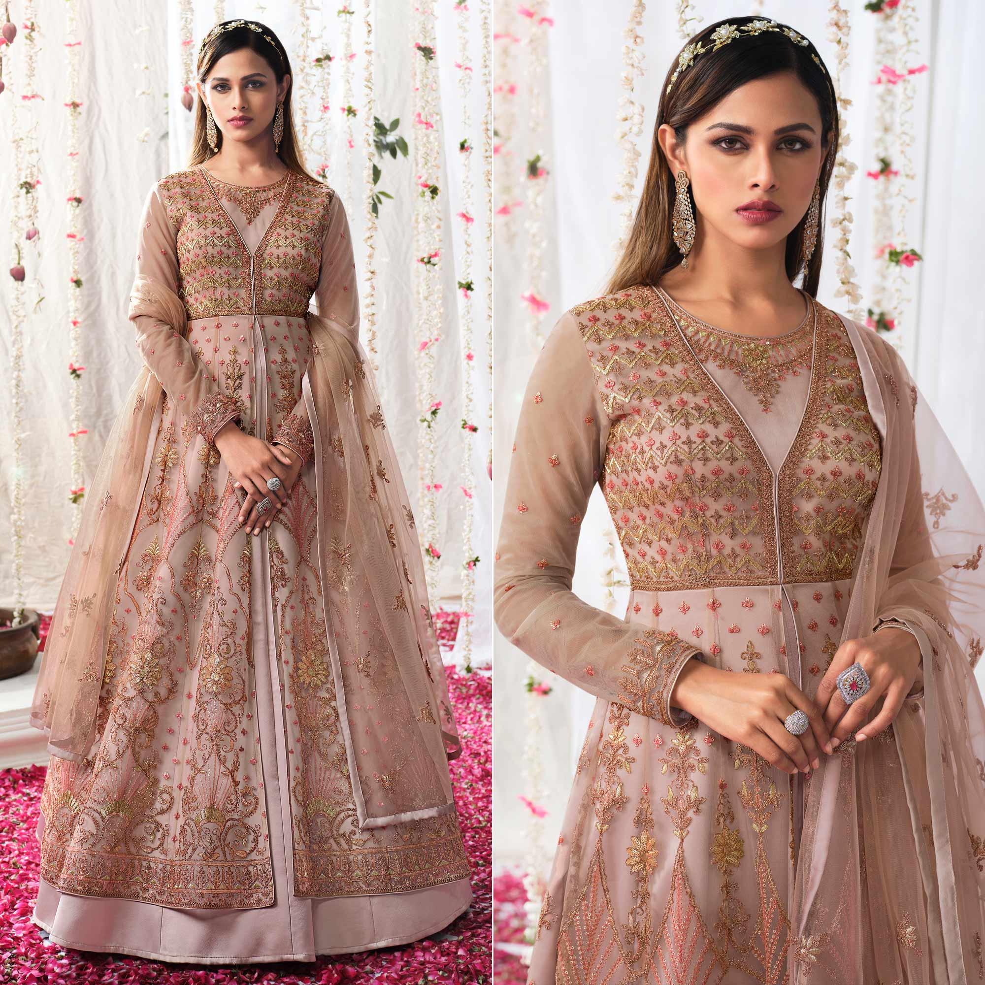 Peachmode Brown Partywear Sequins Embroidered Net Gown