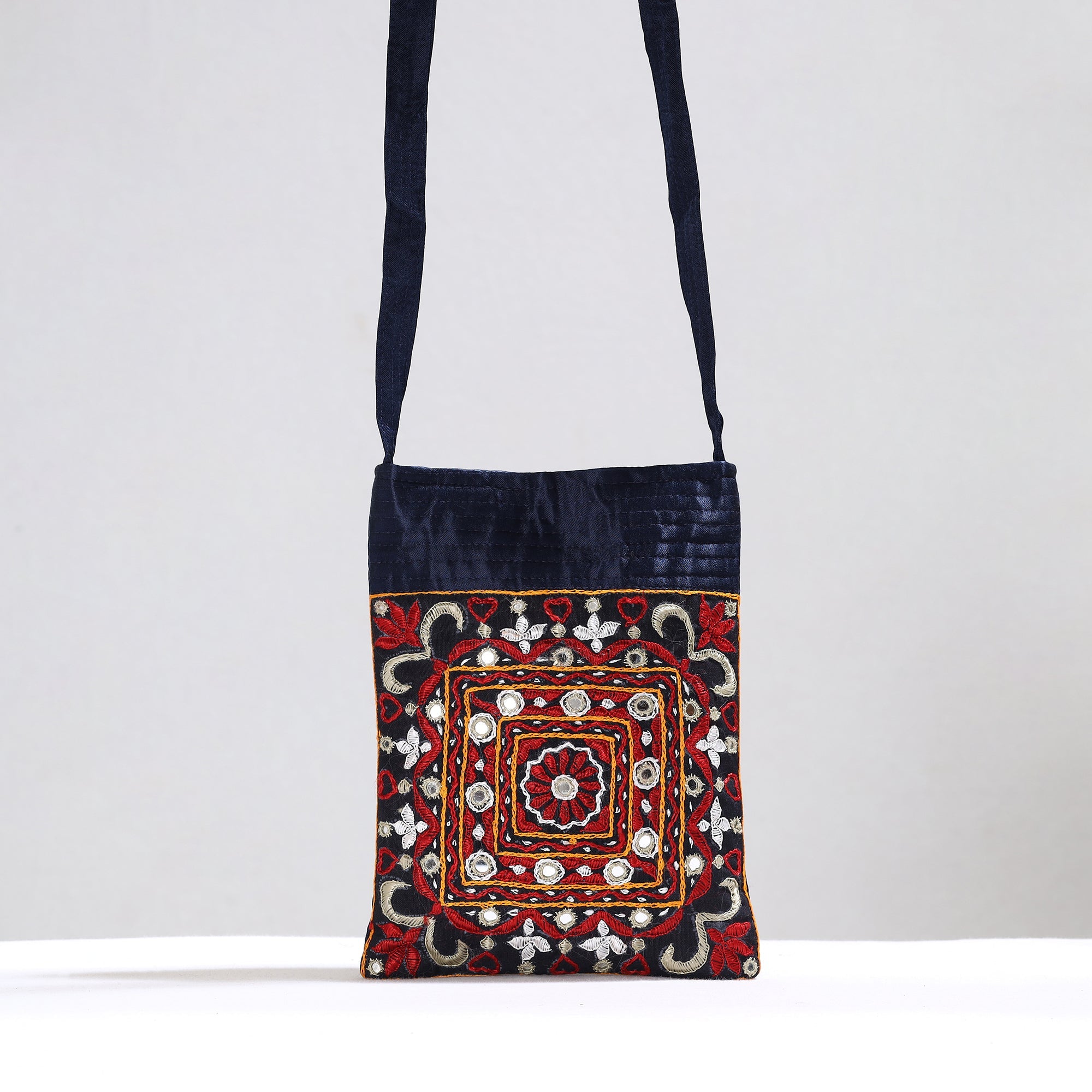 KACHCHH JI CHHAAP Black - Kutch Pakko Hand Embroidery Mirror Work Mashru Silk Sling Bag 110