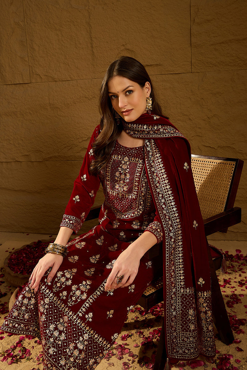 Ahika Maroon Velvet Ethnic Motifs Printed Straight Trousers Suit Set PKSKD2881 - view 2